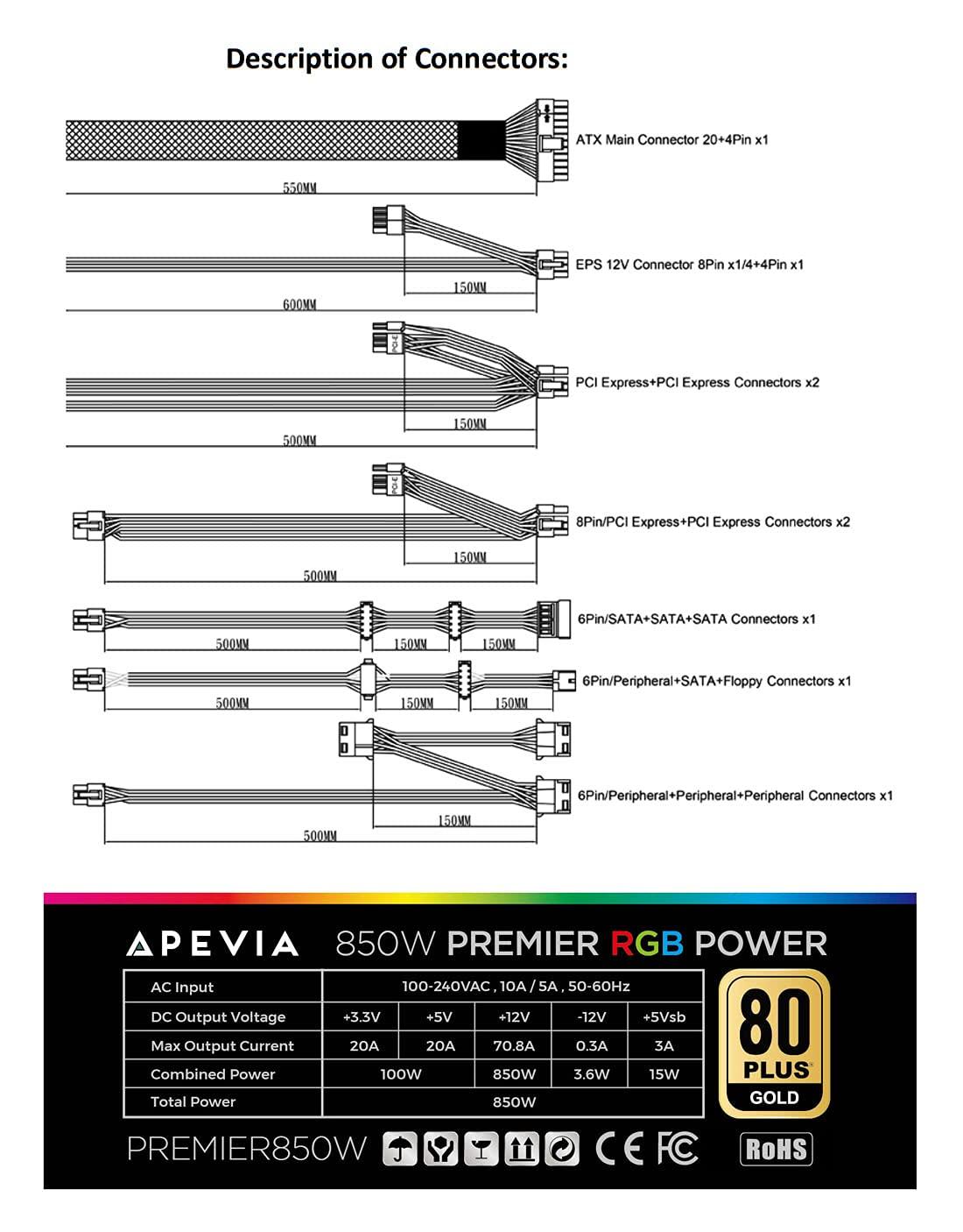 Apevia Apevia ATX-PM850W Premier 850W (No PCIe 5.0 & Gen 5 12VHPWR Connector) 80+ Gold Certified Active PFC ATX Semi-Modular Gaming Power Supply with 366 RGB Light Modes