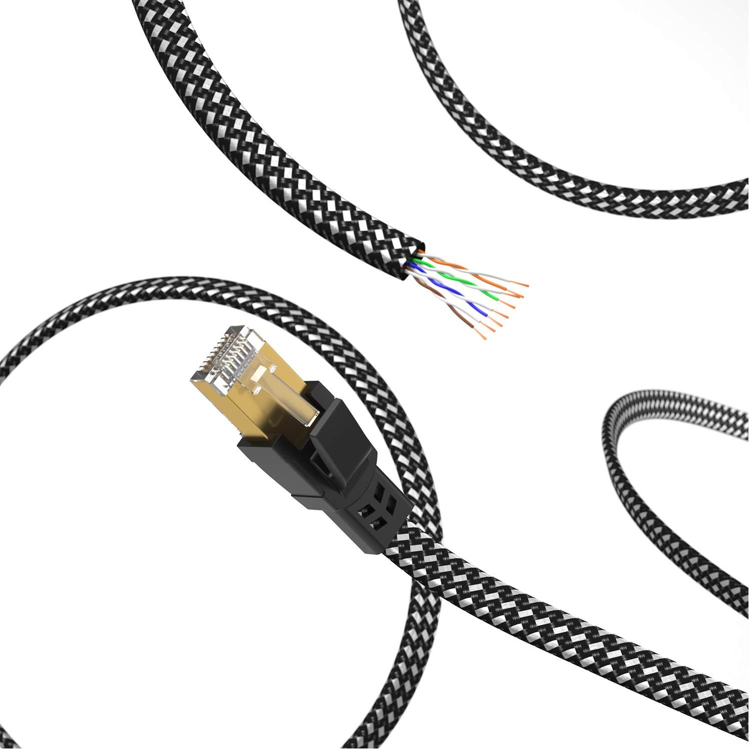 Orbram Orbram Cat 8 Ethernet Cable 200 ft, Nylon Braided High Speed Heavy Duty Network LAN Patch Cord, 40Gbps 2000Mhz SFTP RJ45 Flat Internet Cable Shielded in Wall, Indoor&Outdoor for Modem/Router/Gaming/PC