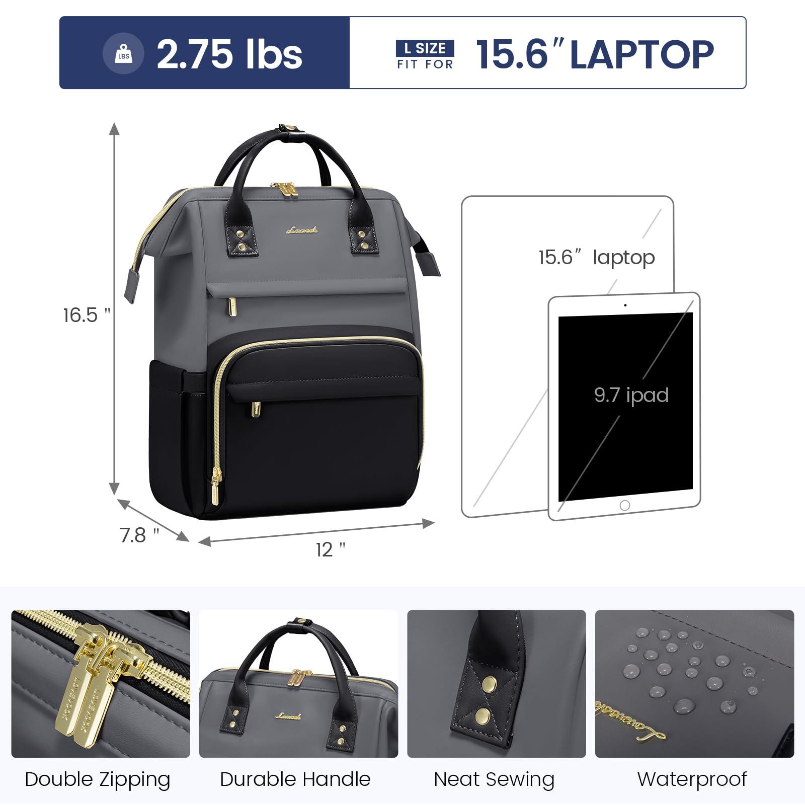 LOVEVOOK LOVEVOOK Leather Backpack for Women,15.6 inch Leather Laptop Backpacks Women,Professional Work Backpacks Nurse College Teacher Bag,Womens Laptop Bag Computer Travel Backpack Purse,Smoky Gray-Black