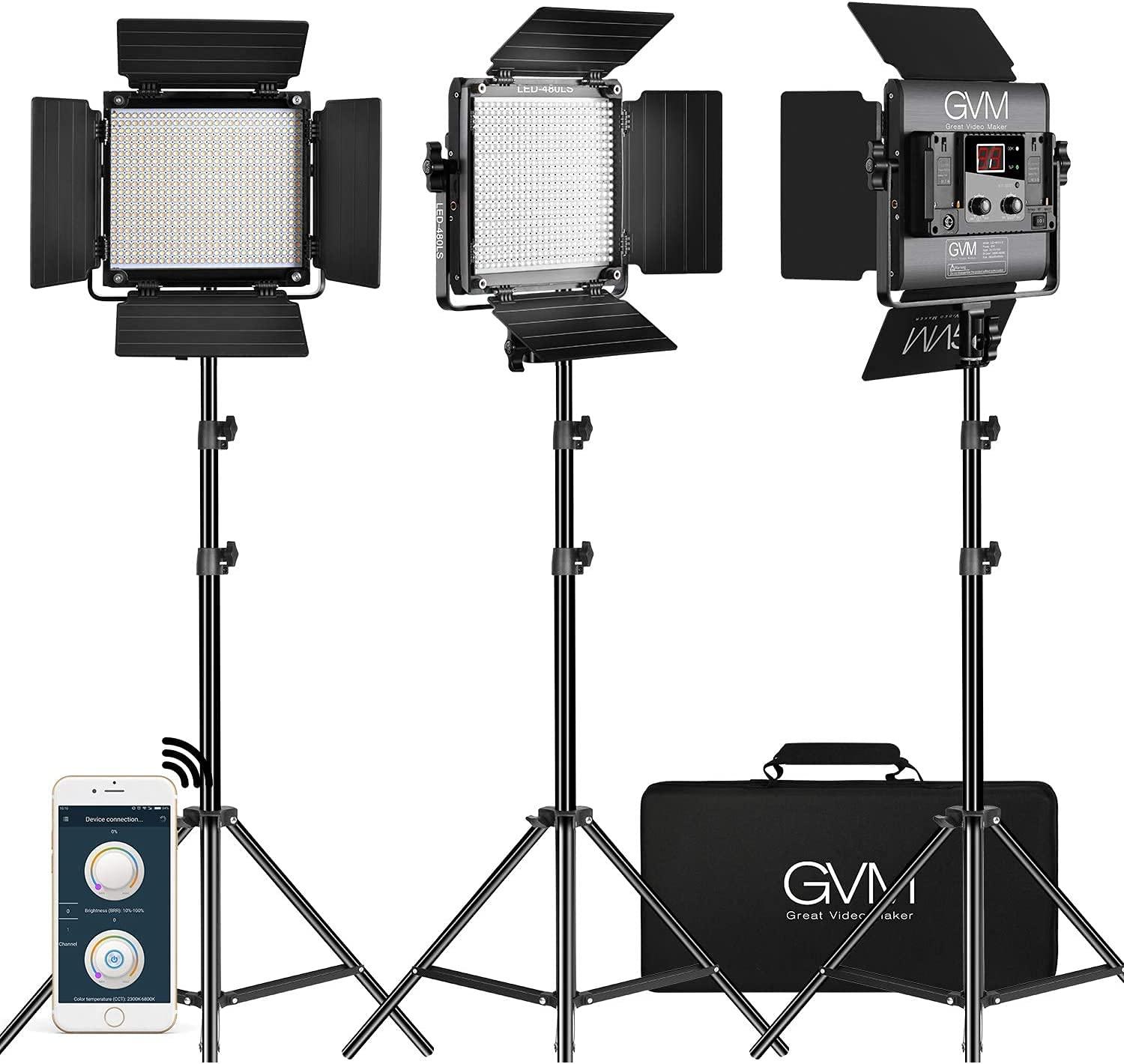 GVM Great Video Maker GVM 3 Pack LED Video Lighting Kits with APP Control, Bi-Color Variable 2300K~6800K with Digital Display Brightness of 10~100% for Video Photography, CRI97+ TLCI97 Led Video Light Panel +Barndoor