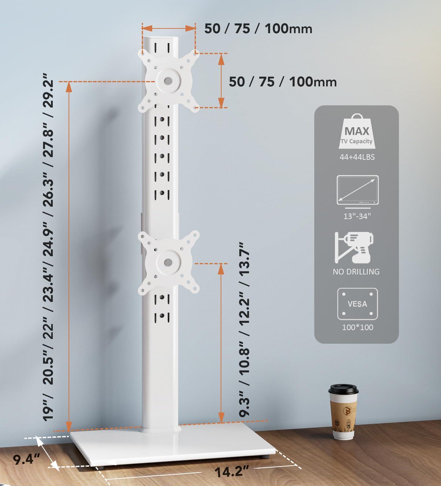 Hemudu Dual Monitor Stand - Vertical Stack Screen Free-Standing Monitor Riser Fits Two 13 to 34 Inch Screen with Swivel, Tilt, Height Adjustable, Holds One (1) Screen up to 44Lbs HT05W-002 White