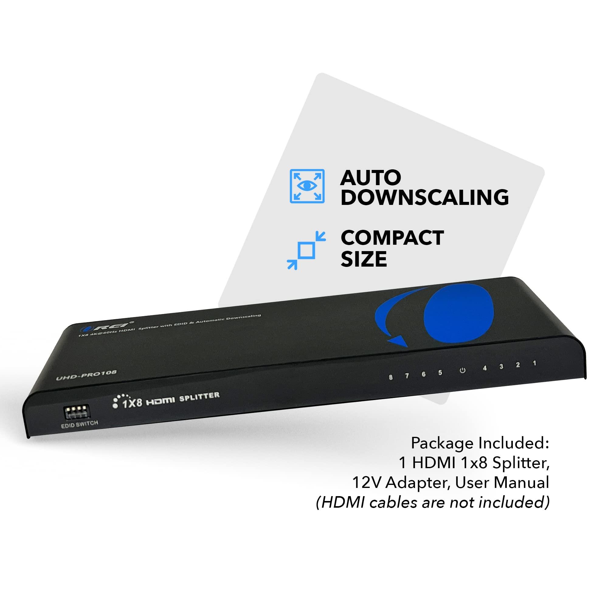 OREI OREI 4K 1 in 8 Out HDMI Splitter 4:4:4 8-bit - HDMI 2.0, HDCP 2.2, 18 Gbps, 4K @ 60Hz HDMI Duplicator/Distributor UltaHD High Resolution (1x8)
