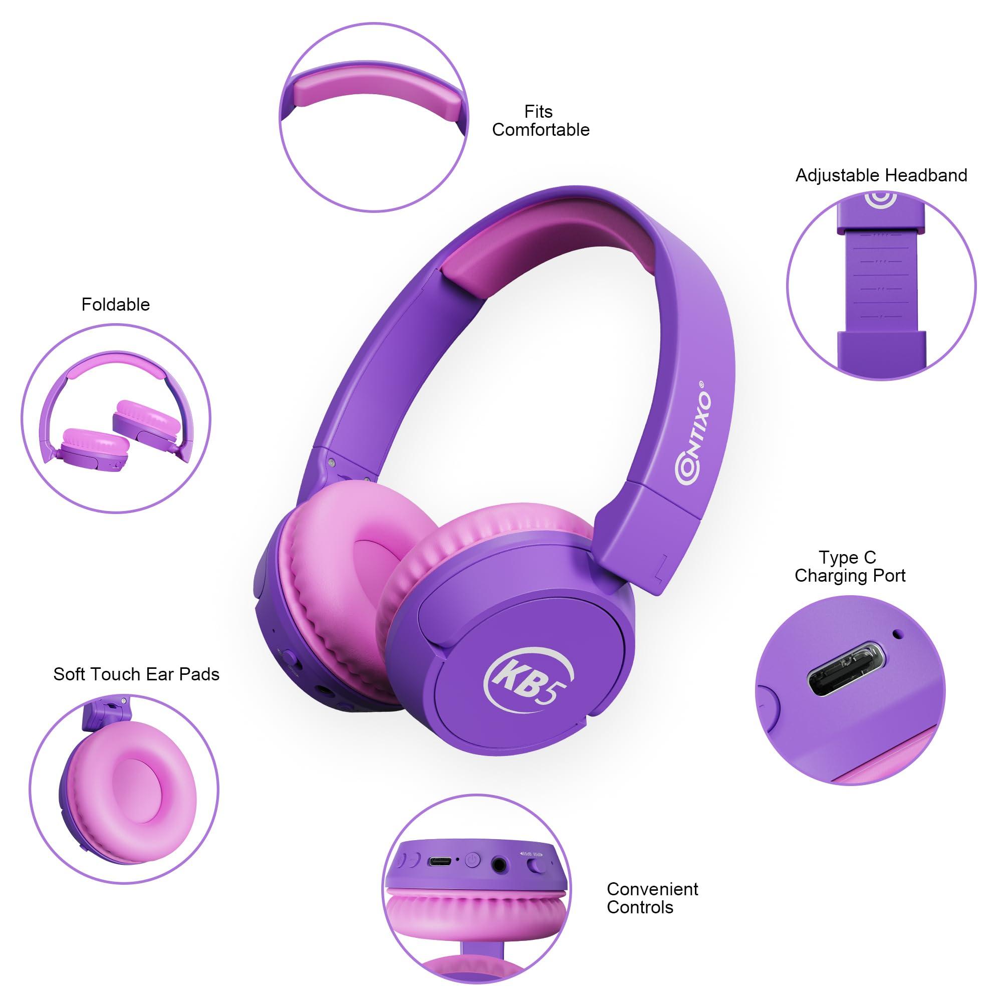 Contixo Contixo KB5 Kids Bluetooth Headphones - Wireless Over-Ear Foldable Headphones with Volume Limiter (85dB), Built-in Microphone, Adjustable & Comfortable Design for Boys & Girls - Purple + White