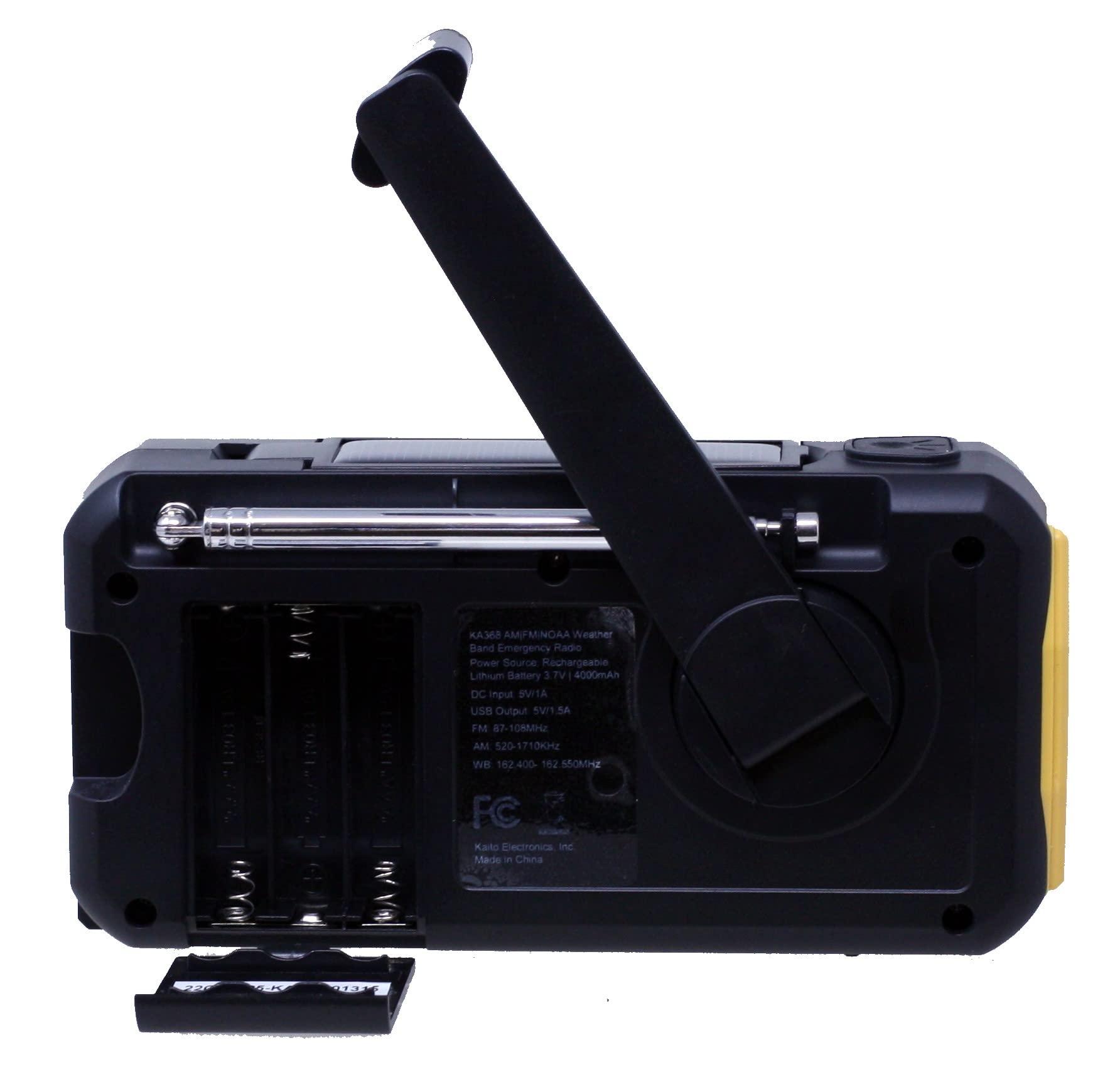 Kaito Kaito Voyager KA368 Digital Emergency Radio - AM/FM NOAA Weather Alert 4-Way Powered Solar Crank Radio Receiver with LED Flashlight and USB 4,000 mAh Mobile Phone Charger (Yellow)