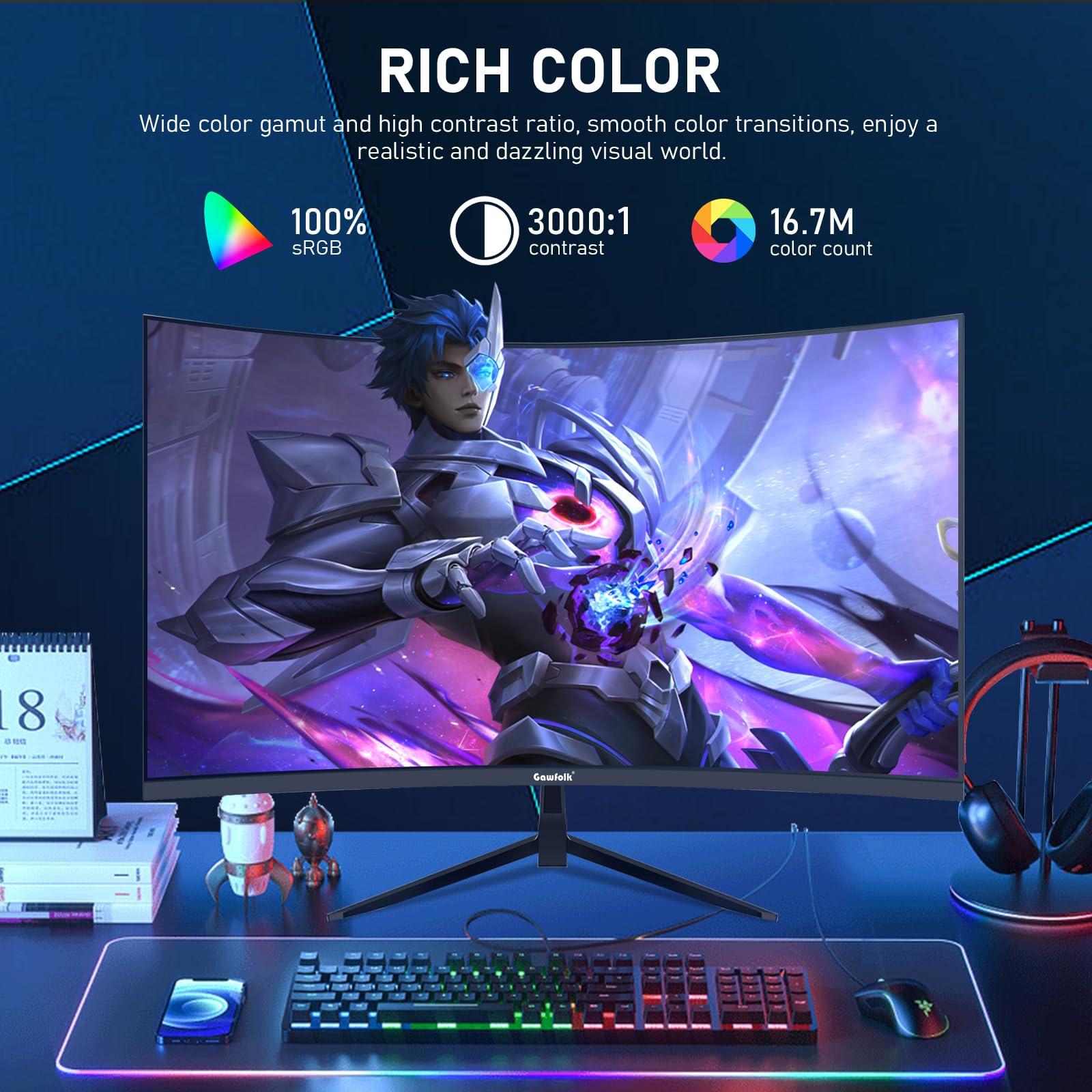 Gawfolk Gawfolk 32-inch PC Screen,2K QHD(25601440P),165Hz Curved Gaming Monitor, 1msFreeSync, 98% sRGB178 Wide Viewing AngleDisplayPortHDMI, Wall Mount Compatible 100 * 100MM Wall - Black