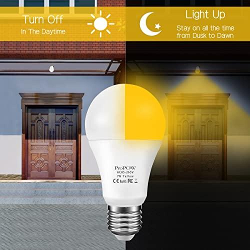 ProPOW ProPOW Yellow Bug Light Bulb, 7W Dusk to Dawn Bug Light Bulbs 40W Equivalent Light Sensor Bulb A19 Smart Auto on/Off LED Bulbs Outdoor Bug Bulbs 580 Lumens Porch Lights(Non-Dimmable,Amber Yellow,E26)