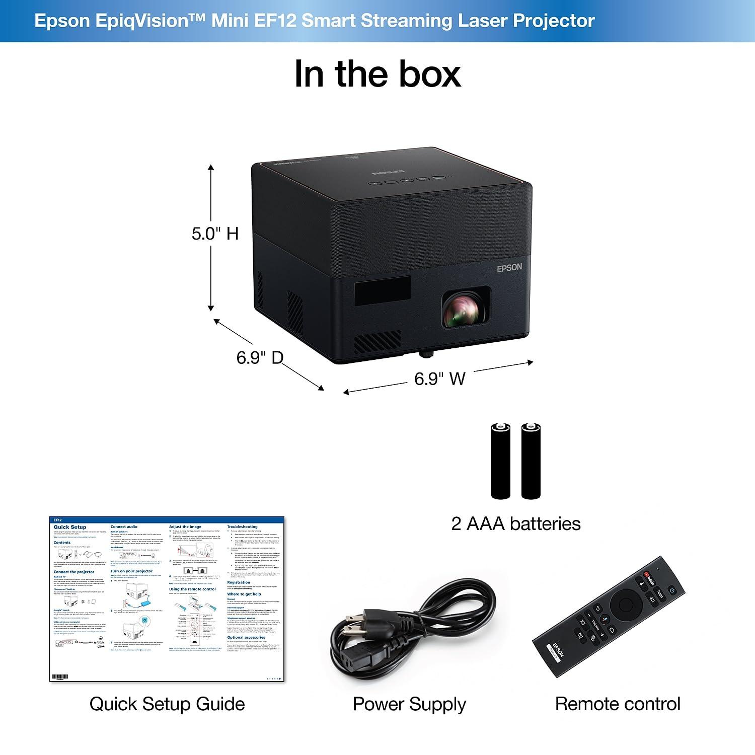 Epson Epson EpiqVision Mini EF12 Smart Streaming Laser Projector, HDR, Android TV, Movies, Family Gaming, Portable, sound by Yamaha, 3LCD, Full HD 1080p, 1000 lumens Color & White Brightness Bluetooth Black