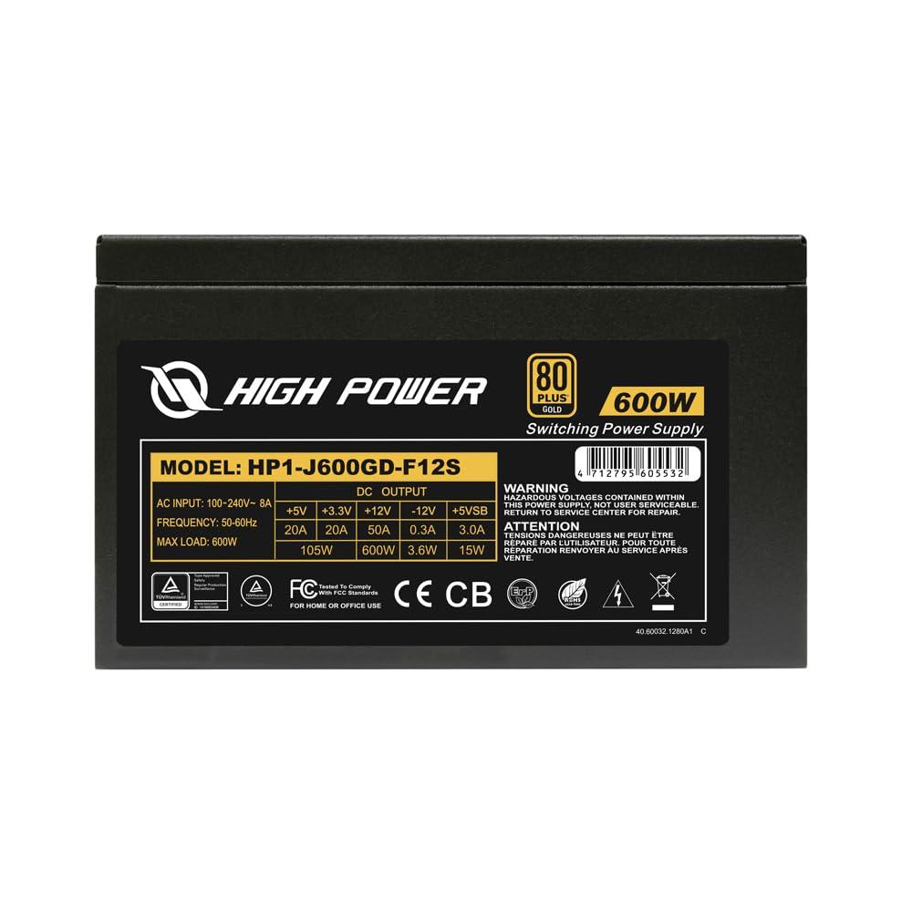 High Power HIGH POWER 600W Power Supply, 80 Plus Gold Certified PSU, Continuous Power with 120mm Whisper Quiet Fan, ATX 12V V2.3/EPS 12V Active PFC Reliable Performance, Energy-Efficient