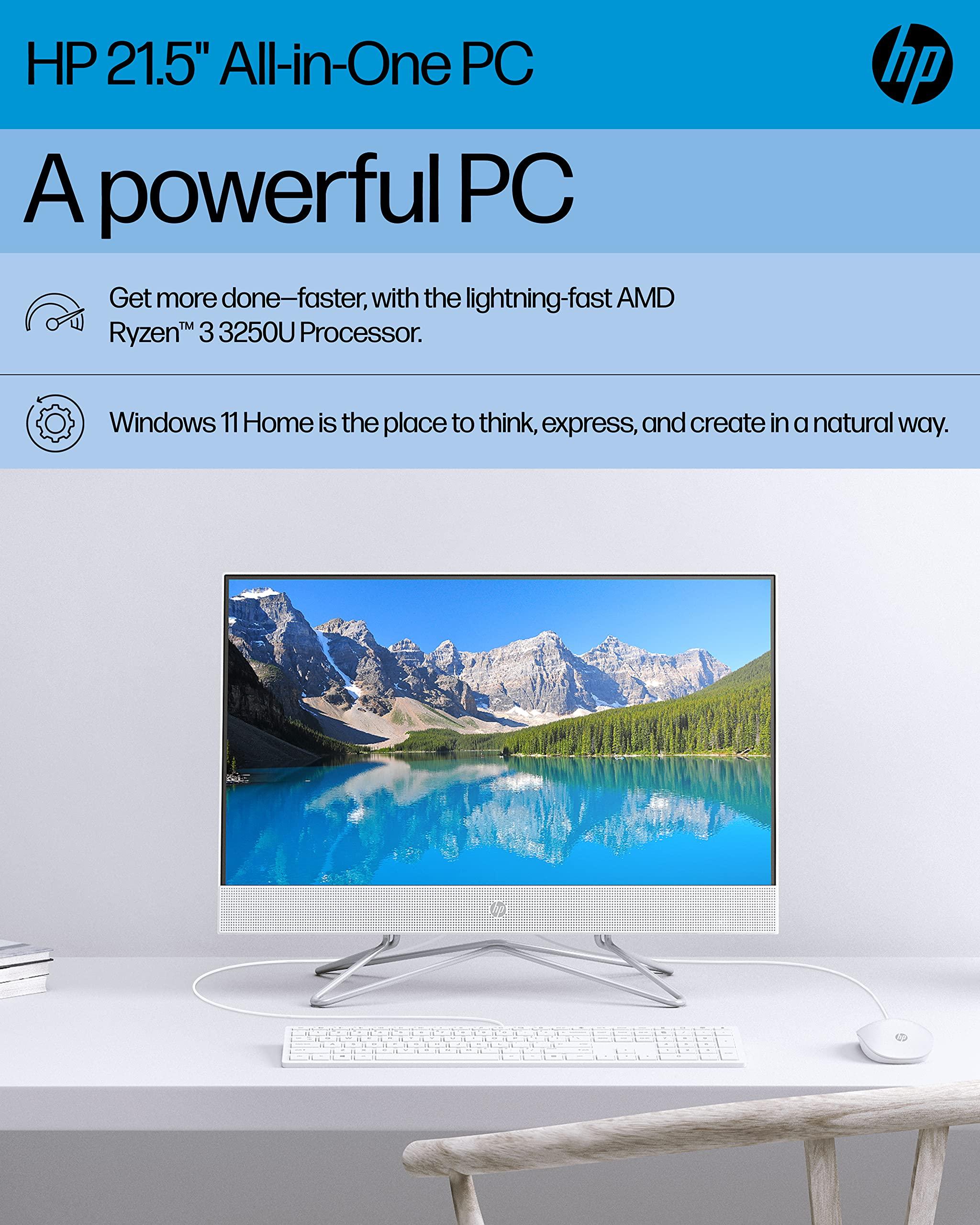 HP HP All-in-One PC Desk Computer, 21.5" Full HD Micro-Edge Display, AMD Ryzen 3 Processor, AMD Radeon Graphics, 8GB SDRAM, 256GB SSD, Windows11 Home OS, Bluetooth, and Wi-Fi (22-dd0032) (Renewed)