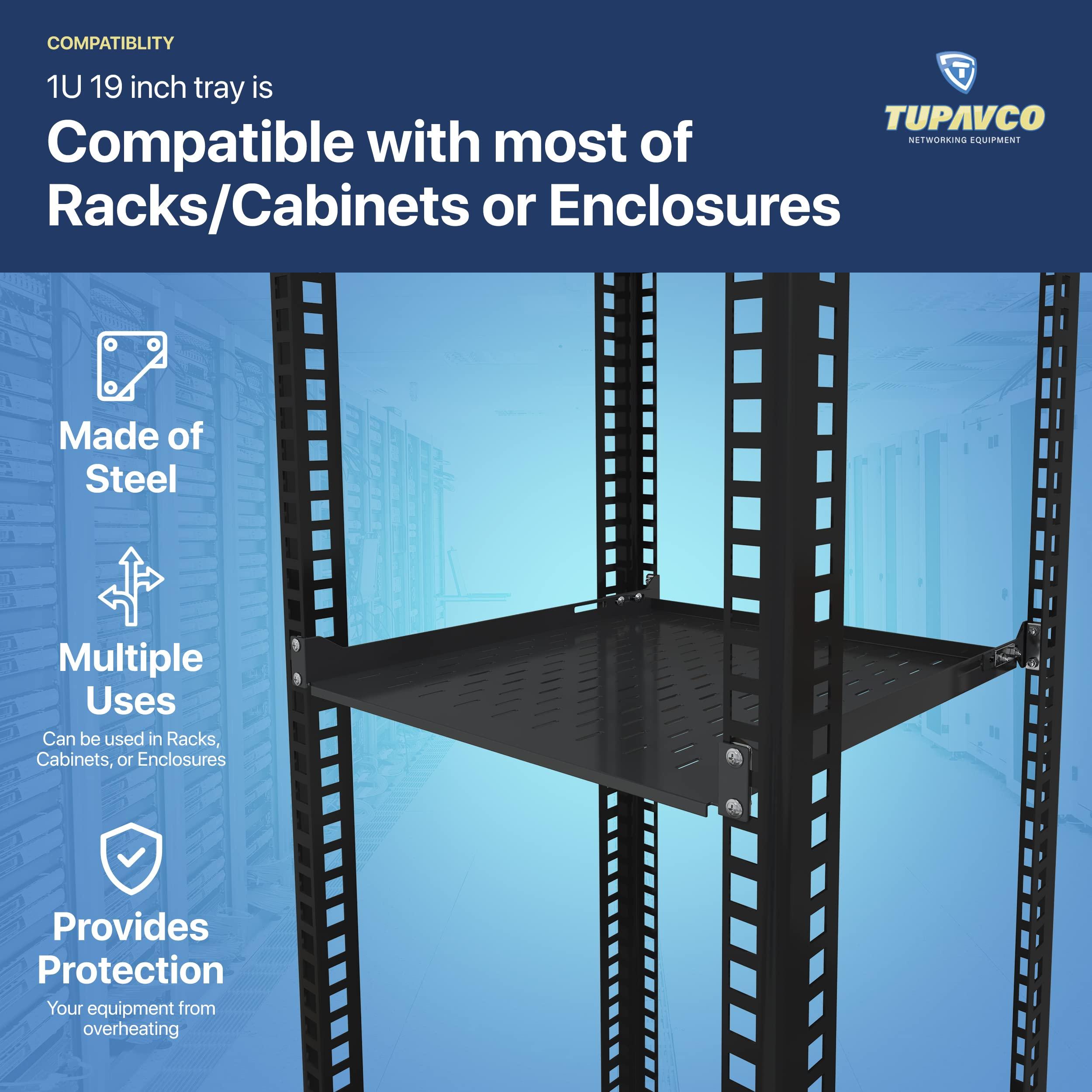 Tupavco 1U Server Rack Shelf - 19" Rackmount Tray - 17.7" (450mm) Deep 4-Post Fixed Mount for Computer Network/AV/IT Equipment Cabinet Enclosure - Vented for Maximum Airflow (Black) - Tupavco TP1711