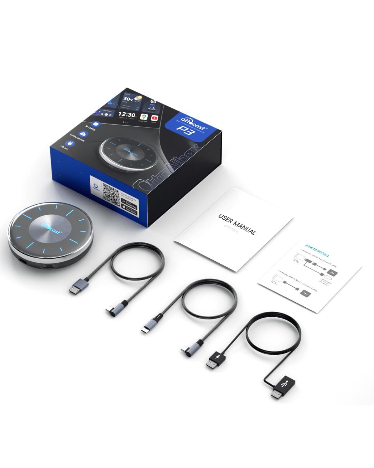 OTTOCAST OTTOCAST P3 CarPlay AI Box - 2025 Android 12.0 CarPlay Video Adapter Wireless CarPlay Android Auto Dongle Support HDMI Output, Watch YouTube Netflix Disney+ Tiktok etc on Car Screen