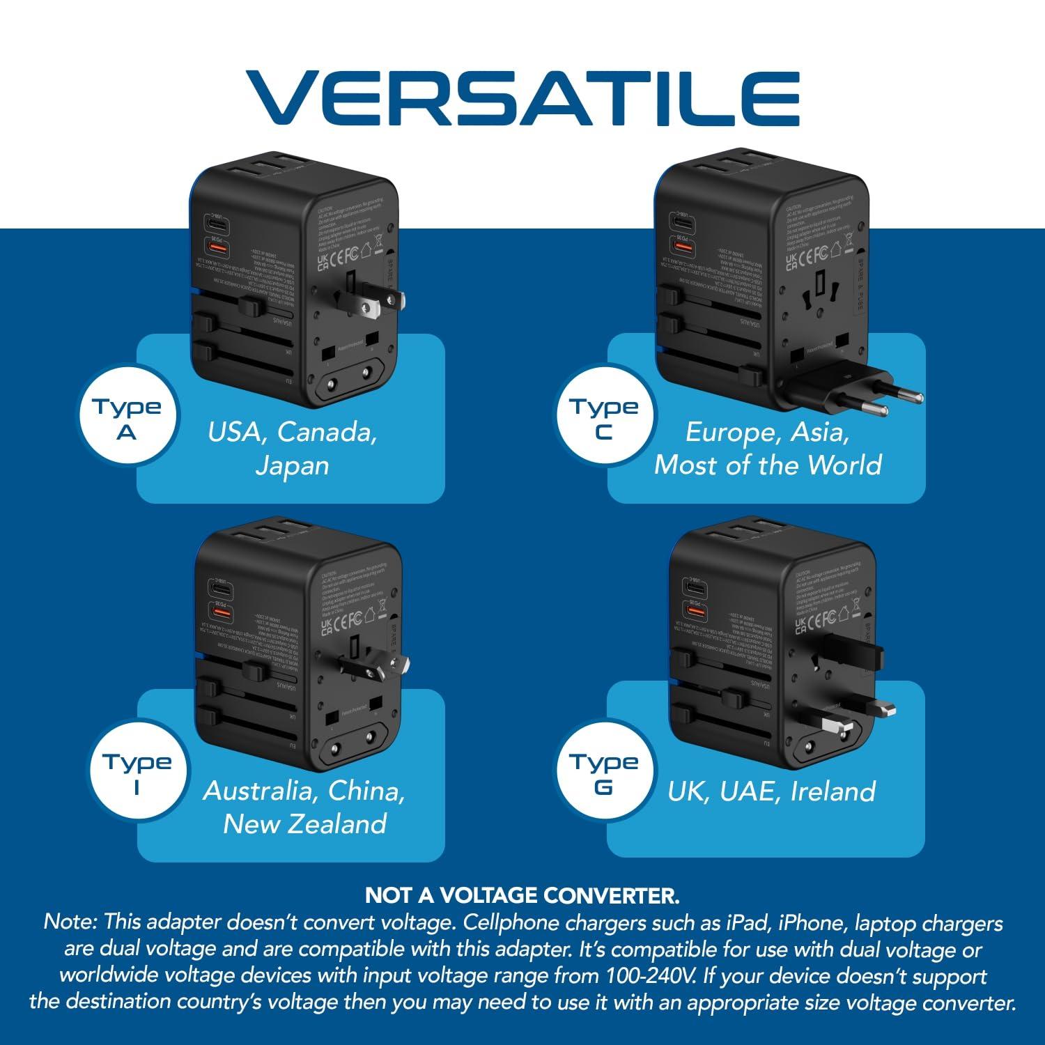 Ceptics Ceptics Universal Travel Adapter, 35W International Power Adapter with PD & QC 3.0 Dual USB-C, 3 USB Travel Adapter Worldwide, Type I C G A Outlets 110V 220V A/C - EU Euro US UK (11-KU)