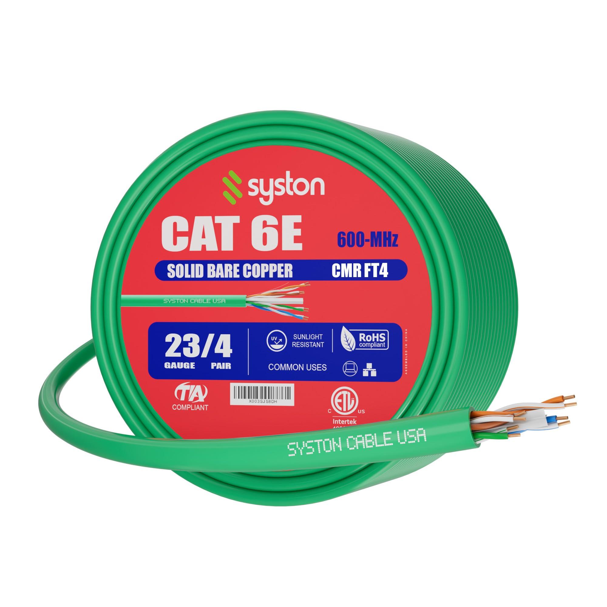 Syston Cable Technology Syston Cable Technology Cat6e Ethernet Internet Cable - 150 FT600MHz 23AWG Solid Bare Copper Wire Outdoor/Indoor Suit, No Ends 10 Ft to 1000 Ft Available, Heat Resistant Riser Rated - CMR