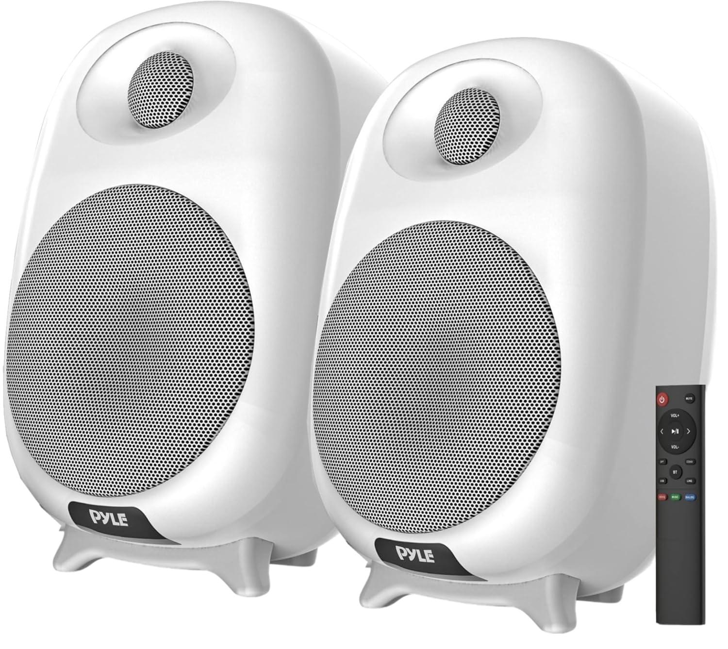 Pyle PyleUsa HiFi 60W Powered Bluetooth Bookshelf Monitor Speaker Set, Optical RCA in, Bass/Treble Adjustable, Deep Bass, 3 Audio Mode, Studio Computer Desk Stereo System, Remote Control, White - PBKSR40WT