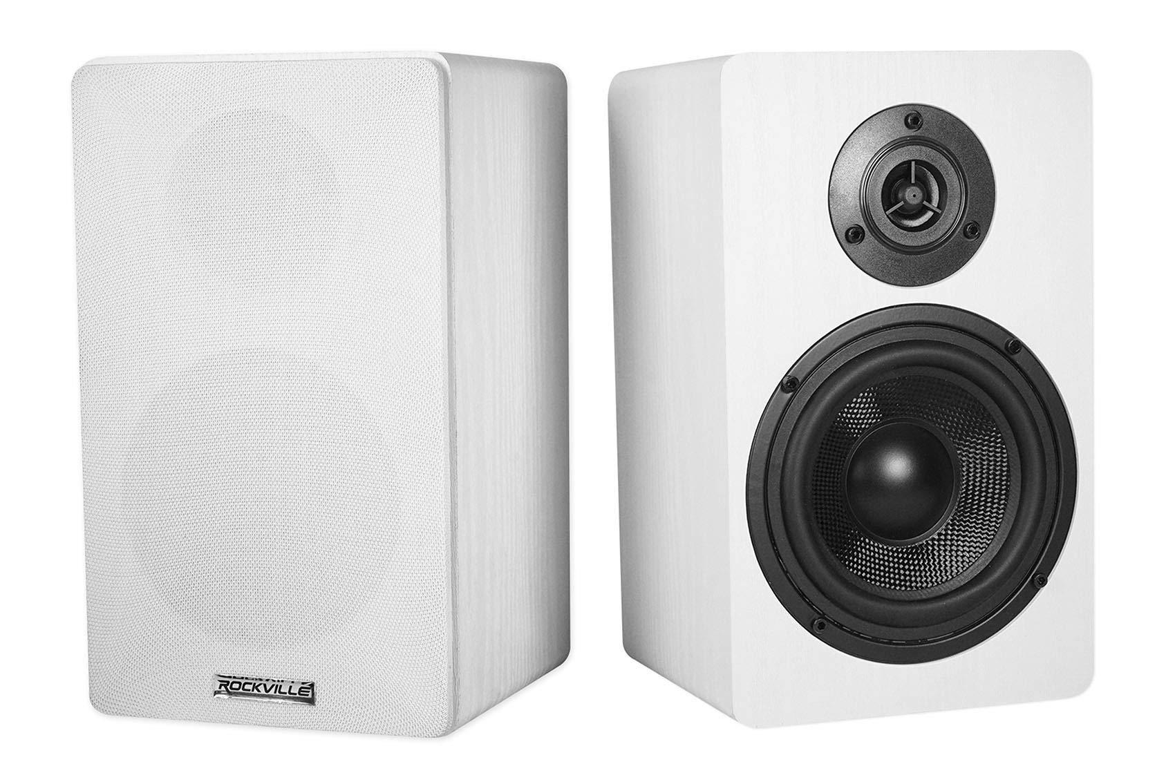 Rockville Rockville Bundle: (2) RockShelf 54W 360w White 5.25\" Home Theater Bookshelf Speakers Bundle with (2) RS21W 21 inch Steel Bookshelf Speaker/Studio Monitor Stands (4 Items)