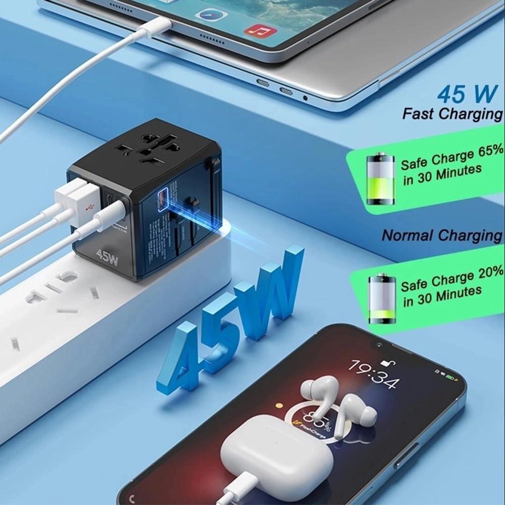 AKiiLOG Universal Travel Adapter, PD 45W International Power Plug Adapter 6 in 1 with 3 USB-C & 2 USB-A Fast Charging, AC Outlet Worldwide Wall Charge Type I C G A for US UK Europe AU Travel