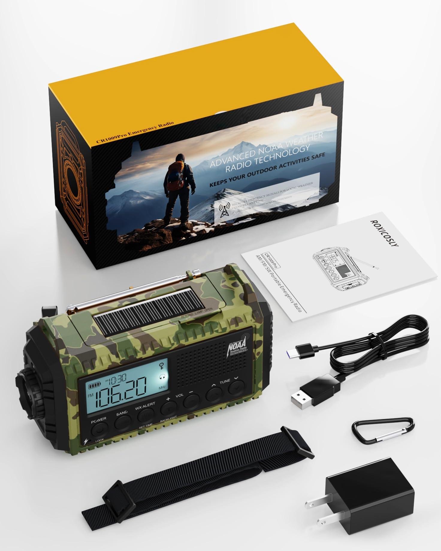 Roxicosly 12000mAh Radio Portable AM FM, Rechargeable Hand Crank Emergency Radio with 7 NOAA Weather Bands, Loud SOS,Flashlight,Phone Charger,Reading Light,Solar Battery Operated Radio for Power Outages