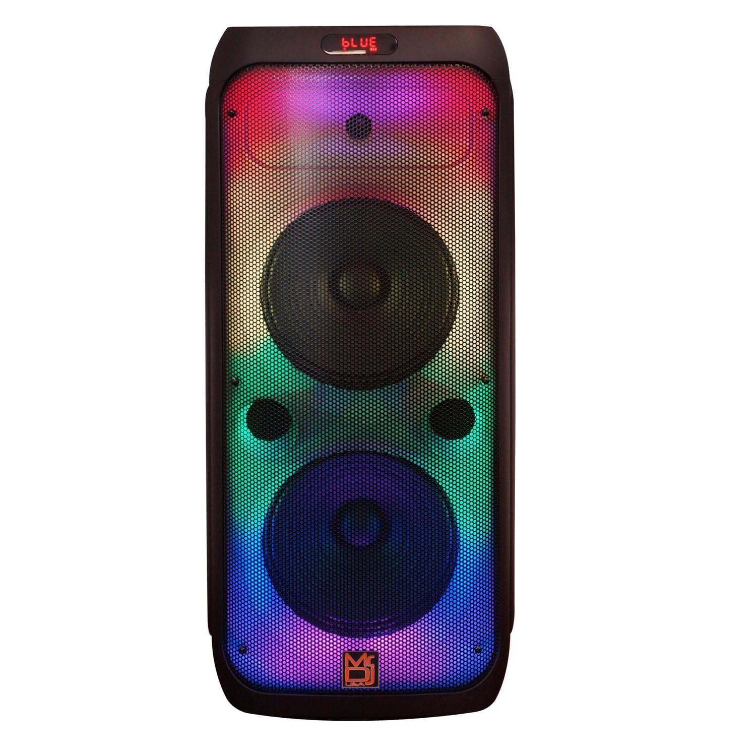 Mr. Dj MR DJ USA FLAME4200 10" X 2 Rechargeable Portable Bluetooth Karaoke Speaker with Party Flame Lights Microphone TWS USB FM Radio + 54-LED Slim Par Wash DJ Light