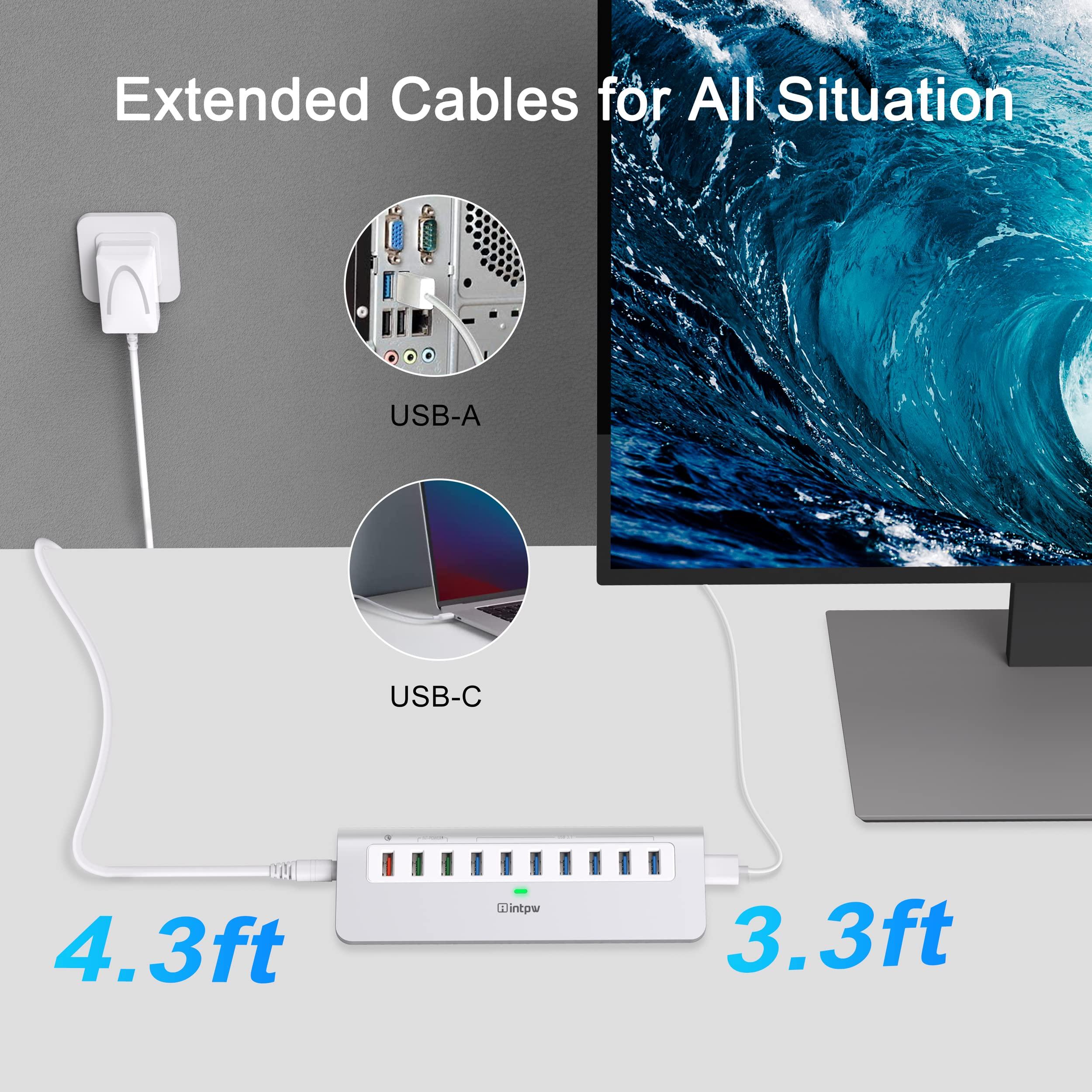 intpw Powered USB Hub 10Gbps, 10 Port USB 3.1 Gen 2 Hub with 7 USB 3.1 Data Ports, 3 Fast Charging Ports, 36W Power Adapter, Type A and Type C Cable, Aluminum USB Data Hub for Mac, PC, Laptop
