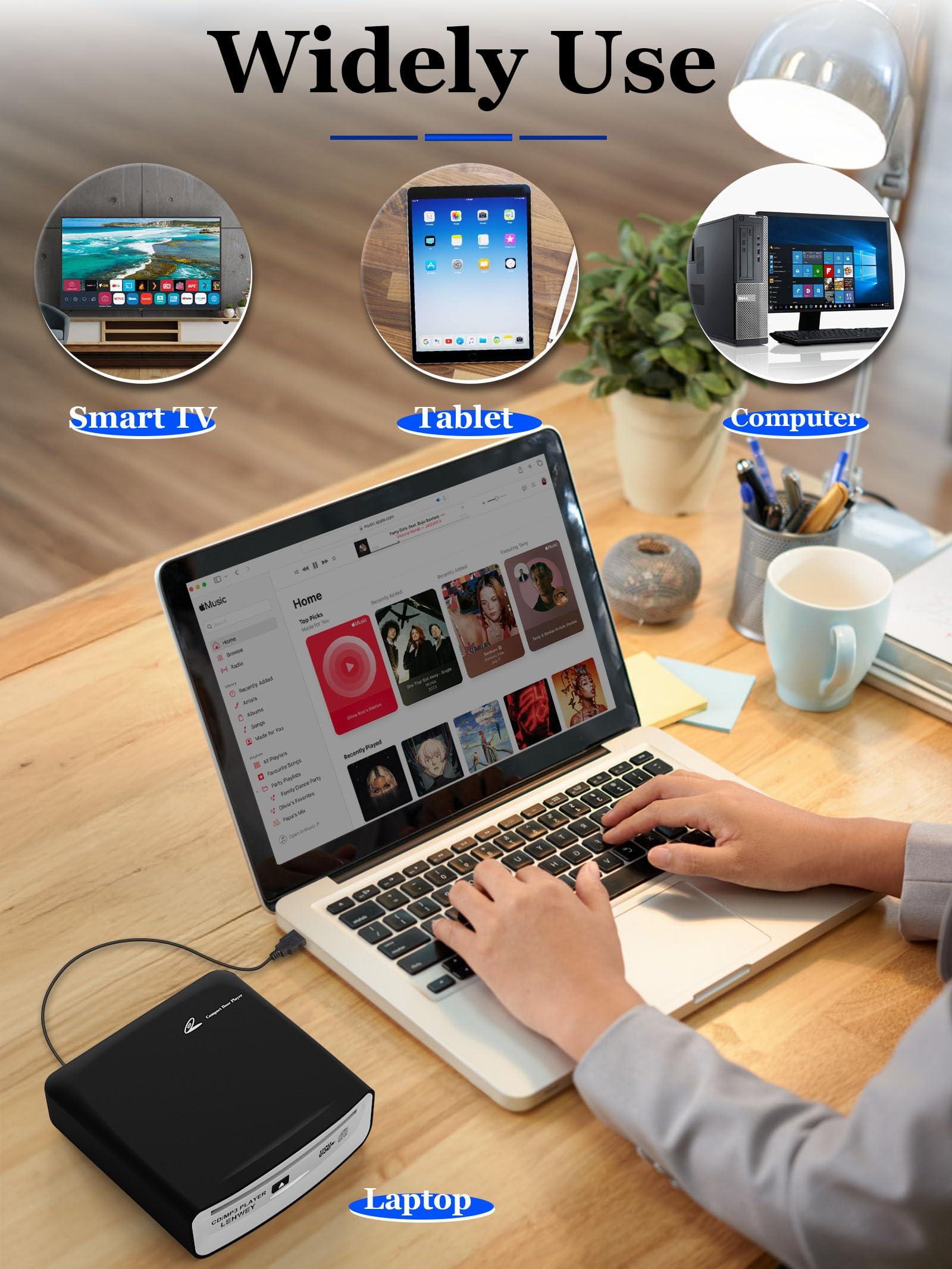 Lehwey External Universal CD Player for Car - LEHWEY Portable CD Player with Extra USB Extension Cable, Plugs into Car USB Port, Laptop, TV, Mac, Computer, for Android 4.4 and Above Navigation