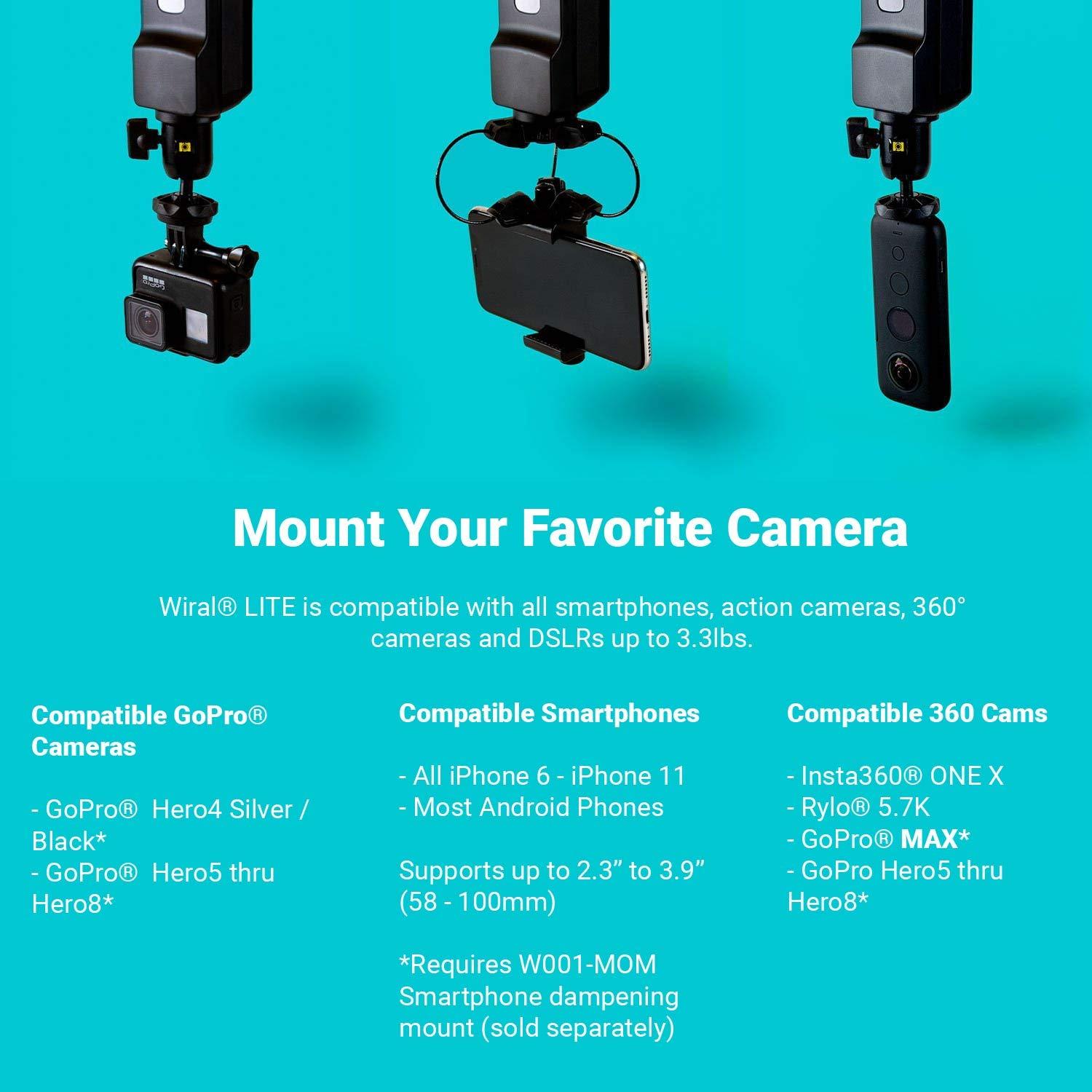 Wiral Wiral LITE Cable Cam with Remote for Action Cameras, Smartphones, 360 Camera or DSLR Mirrorless Cameras up to 3.3LBs | Bundle Includes Wiral Lite and Premium Travel Case