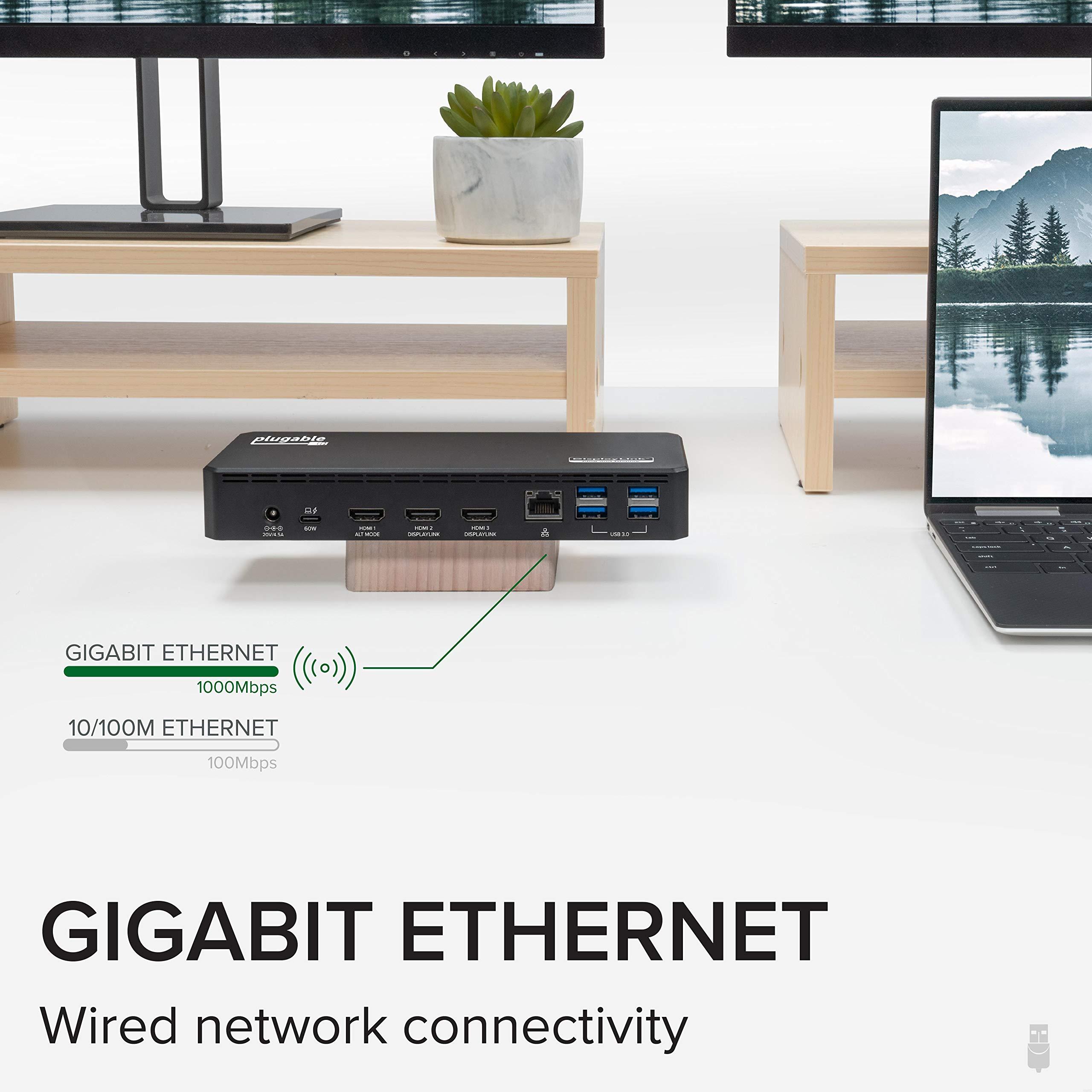 Plugable Plugable USB C Triple Display Docking Station with Laptop Charging, for Thunderbolt, USB4, or USB C Systems, Compatible with Windows, macOS, ChromeOS laptops (3X HDMI, 6X USB 5Gbps Ports, 60W USB PD)