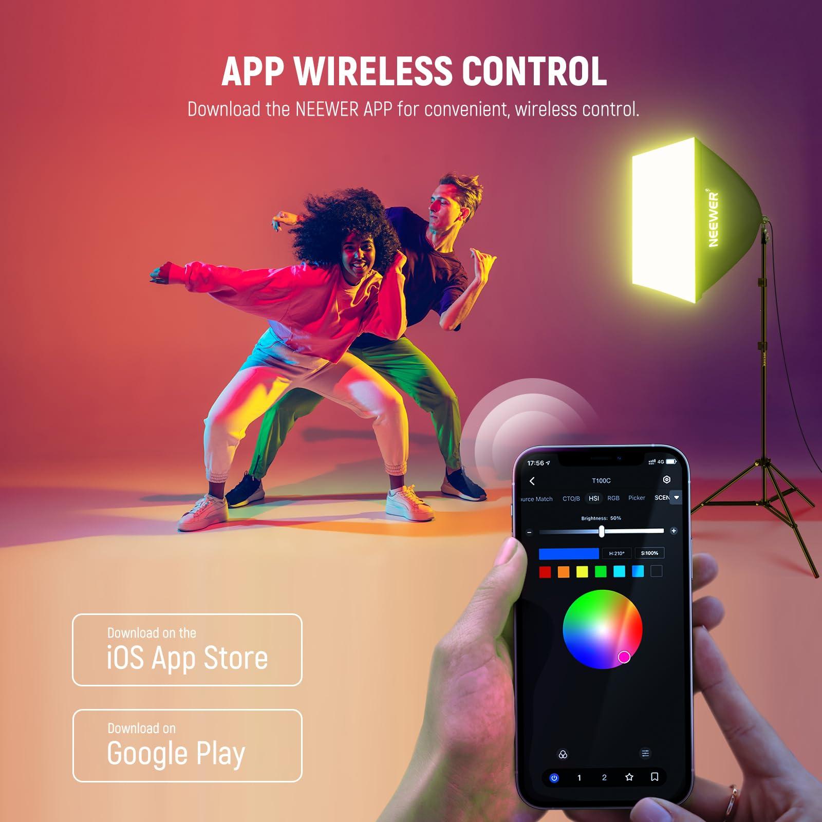 NEEWER NEEWER RGB Softbox Lighting Kit with App Control & 9 Effect Modes, 26W LED Bulb CRI93+ TLCI98+, E26 Porcelain Socket, 24" Softbox, for Studio Photography Lighting, NK800