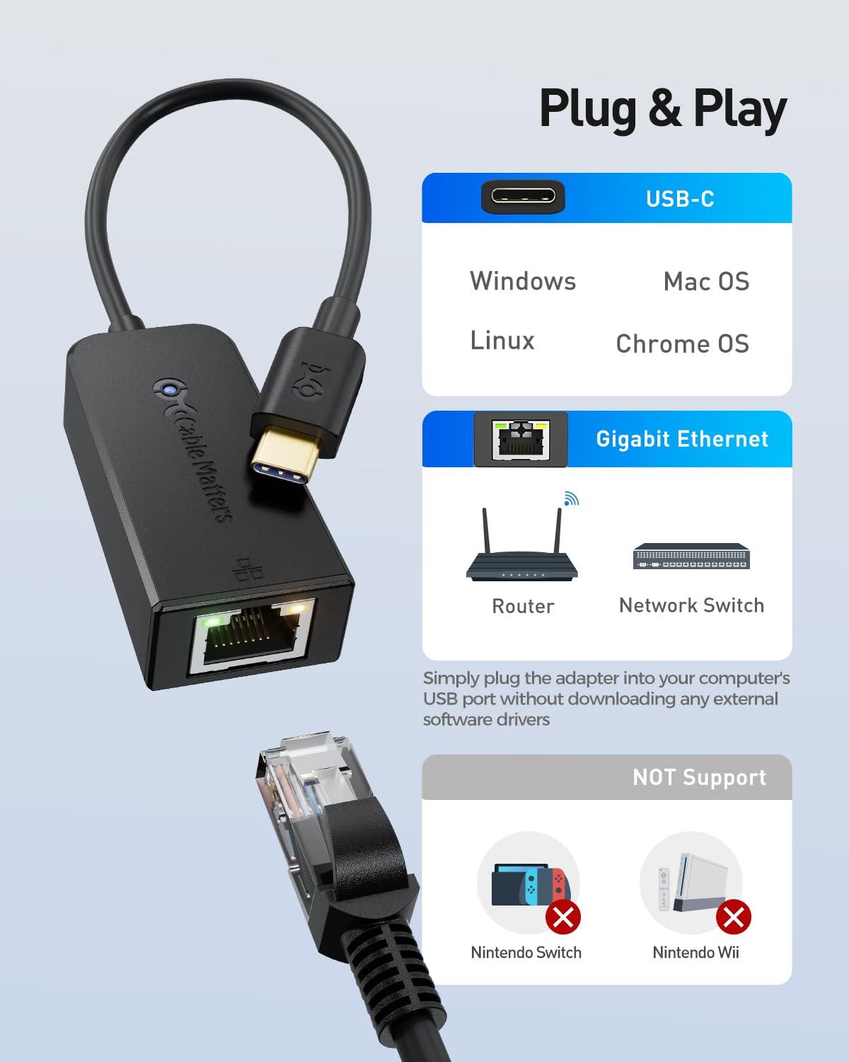 Cable Matters Cable Matters 2-Pack Plug & Play USB C to Ethernet Adapter with PXE, MAC Address Clone (Thunderbolt to Ethernet Adapter, Gigabit Ethernet to USB C) in Black -Compatible with MacBook Pro, XPS, Surface