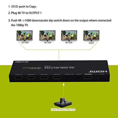 XOLORspace XOLORspace 66141 1x4 HDMI 2.0 Splitter 4K 60HZ HDR with 4K to 1080p downscaler and Audio Extractor Optical Audio Out