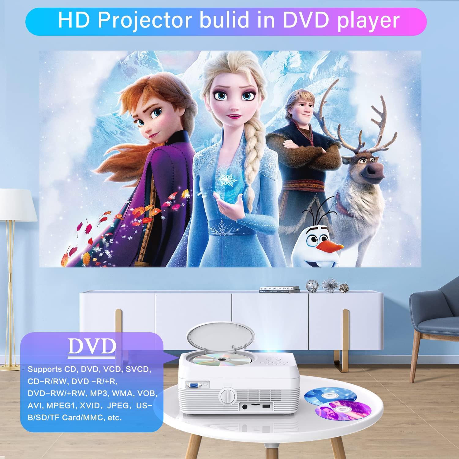 Dxyiitoo Full HD Bluetooth Projector Built in DVD Player, 12000LM 1080P Supported, Portable Mini DVD Projector for Outdoor Movies, 250\" Home Theater, Compatible with iOS/Android/TV Stick/PS4/HDMI/USB/TF Card
