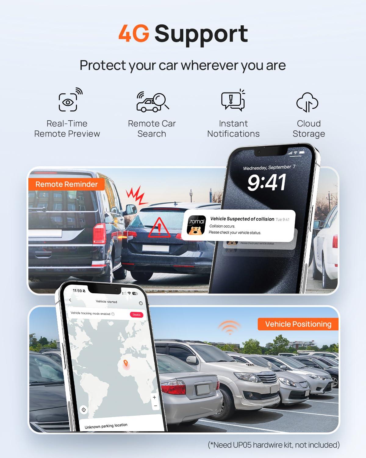 70mai 70mai Dash Cam Front and Rear A510,1944P+1080P with STARVIS 2 IMX675 and 64GB Card, Dash Camera for Cars, 4G LTE Support, ADAS, Built-in GPS WiFi, APP Control, HDR, 24H Parking Mode, Loop Recording