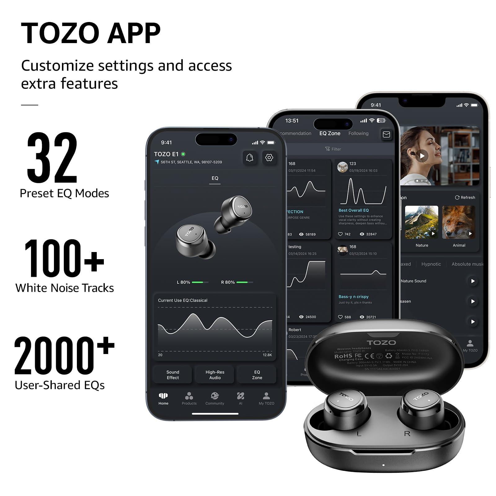 TOZO TOZO E1 Wireless Earbuds Build in Mic Clear Calls Ergonomic Light Weight Bluetooth 5.3 in Ear Headphones IPX6 Waterproof Premium Stereo Sound Ear Buds 30H Playtime with 32 EQs via APP, Black