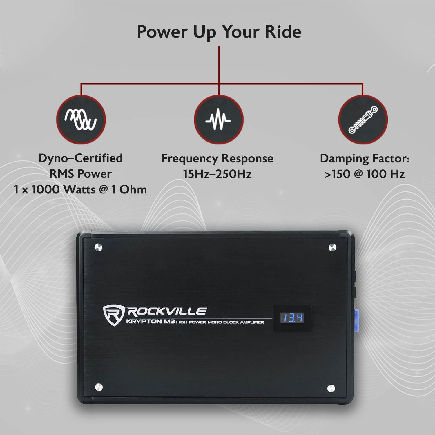 Rockville Rockville Krypton M3 4000W Mono Car Amplifier, Dyno-Certified RMS, Voltage Display, Bass Remote, Clip Indicator, Class-D, Perfect for Car Audio & Subs