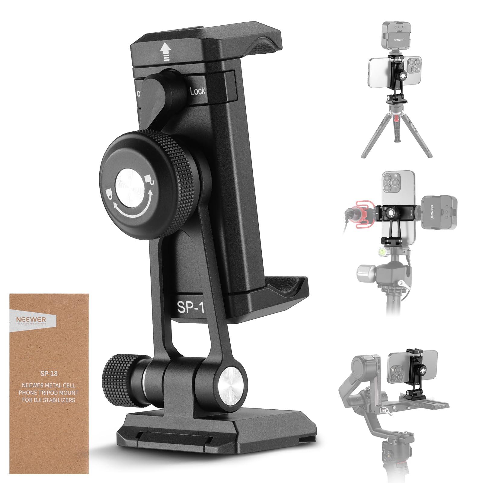 Neewer Neewer Phone Tripod Mount Adapter with Arca Type QR Base, Cold Shoe, 1/4" 3/8" Holes, 360 Swivel 180 Tilt, Phone Holder Compatible with iPhone Samsung Arca Swiss DJI RS 4 Pro 3 2 Stabilizer, SP-18