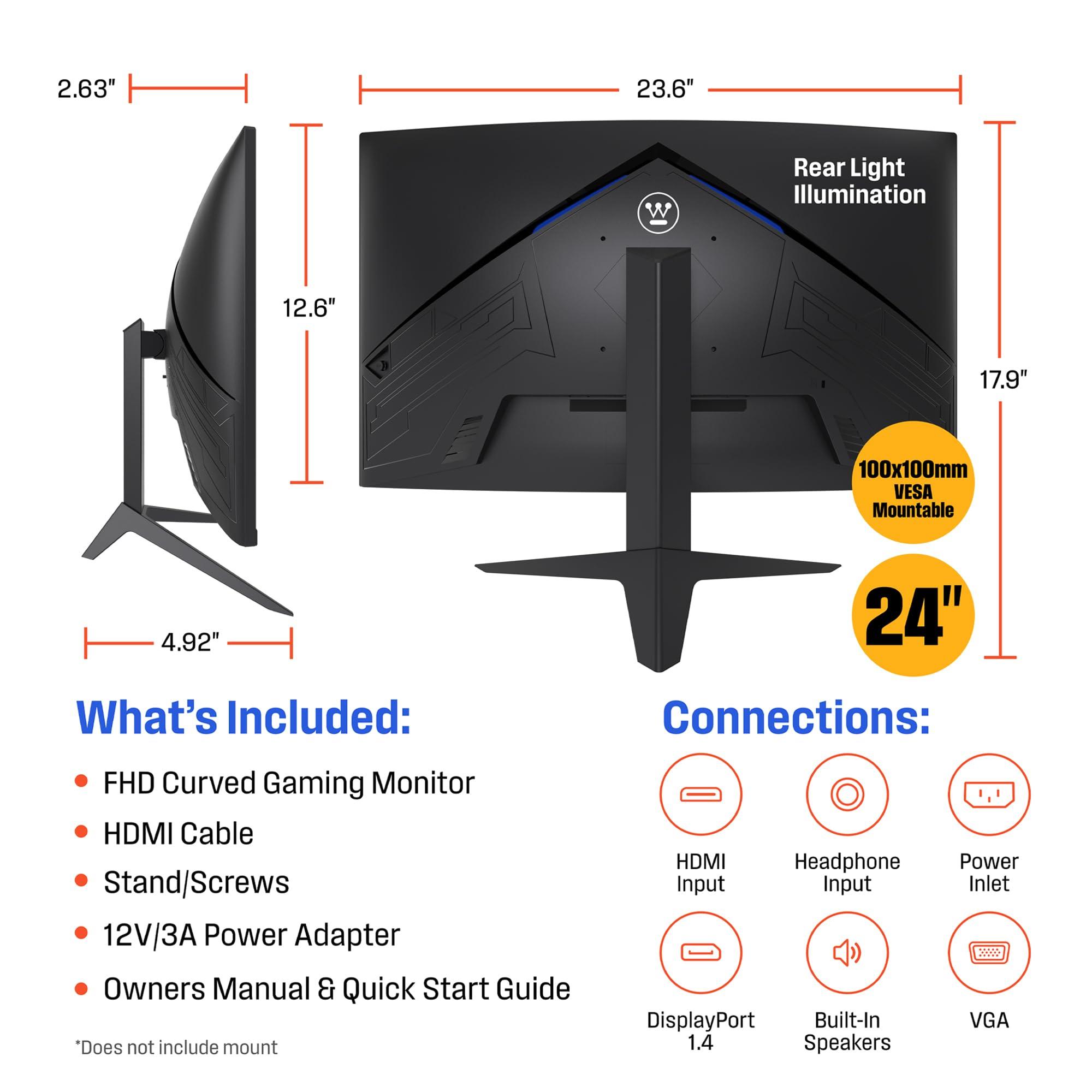 Westinghouse Westinghouse 24 Inch Curved Full HD Gaming Monitor, 165Hz, AMD FreeSync Support, Low Motion Blur, 1500R Curve, 1920 x 1080, for PC Games with Built in Speakers, DisplayPort, HDMI