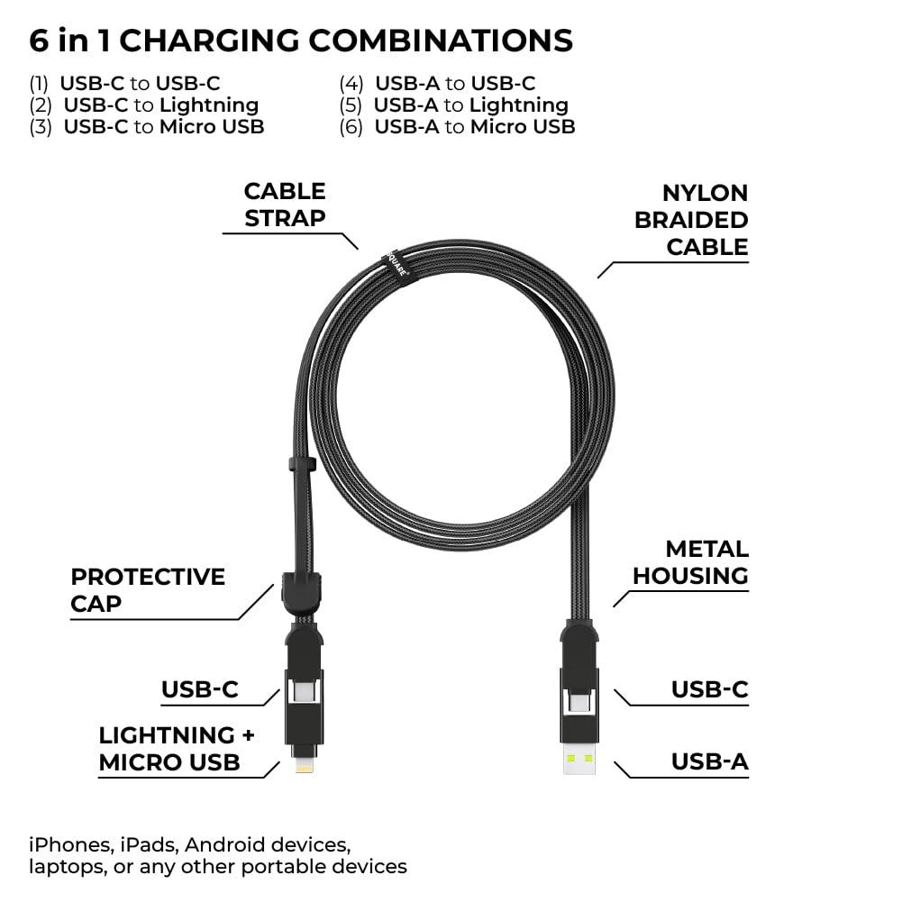 Rolling Square Rolling Square inCharge XL 6-in-1 Multi Charging Cable with 100W Ultra-Fast Charging Power, Portable USB and USB-C Cable, 6.5 Ft/2m, 3 Units Bundle