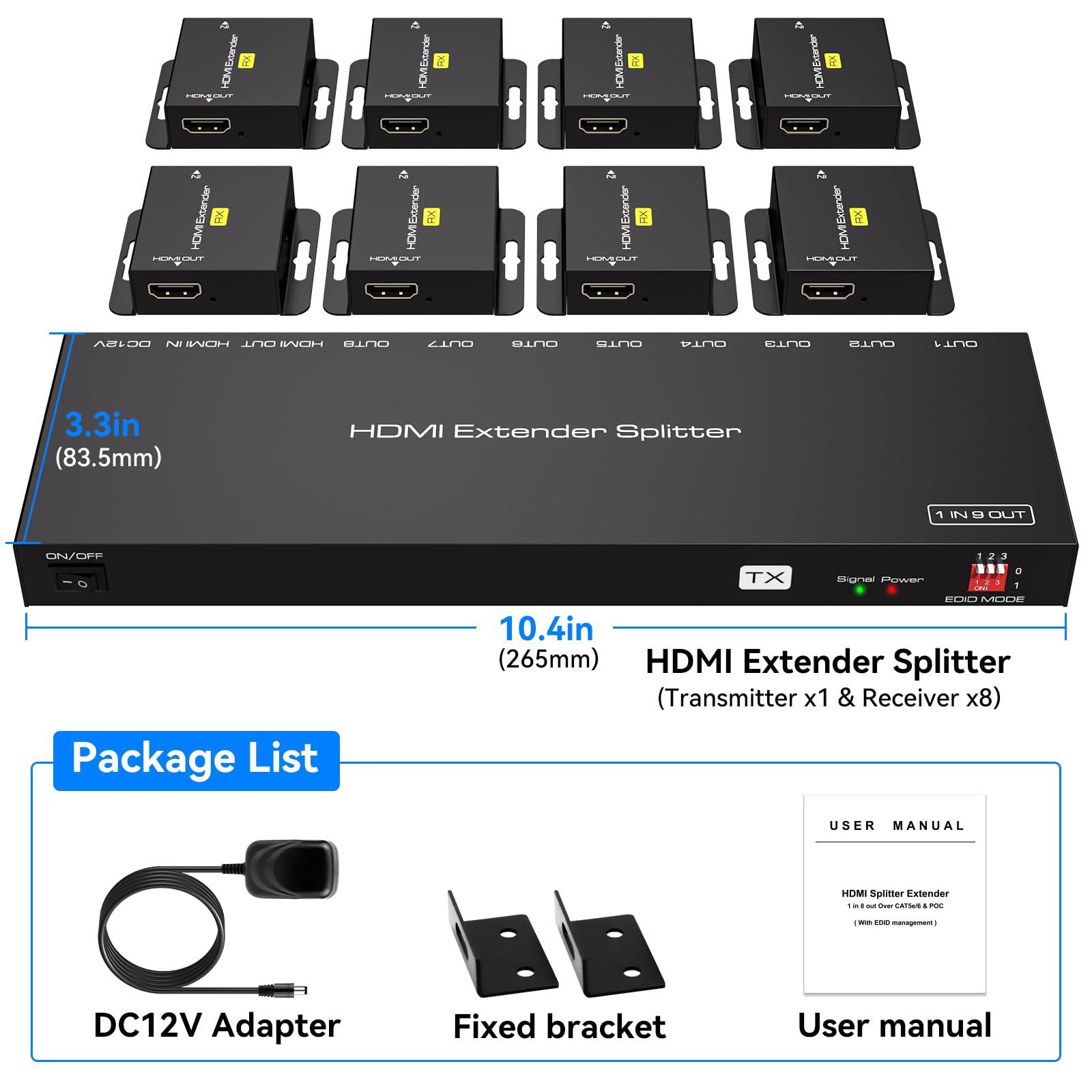 VPFET HDMI Extender Splitter Over Ethernet 1 in 8 Out Cat5e or 6 Up to 165FT 50m HD1080P 60Hz 3D with Port Loop Out Support EDID POC Suitable for Projection Exhibition Presentations