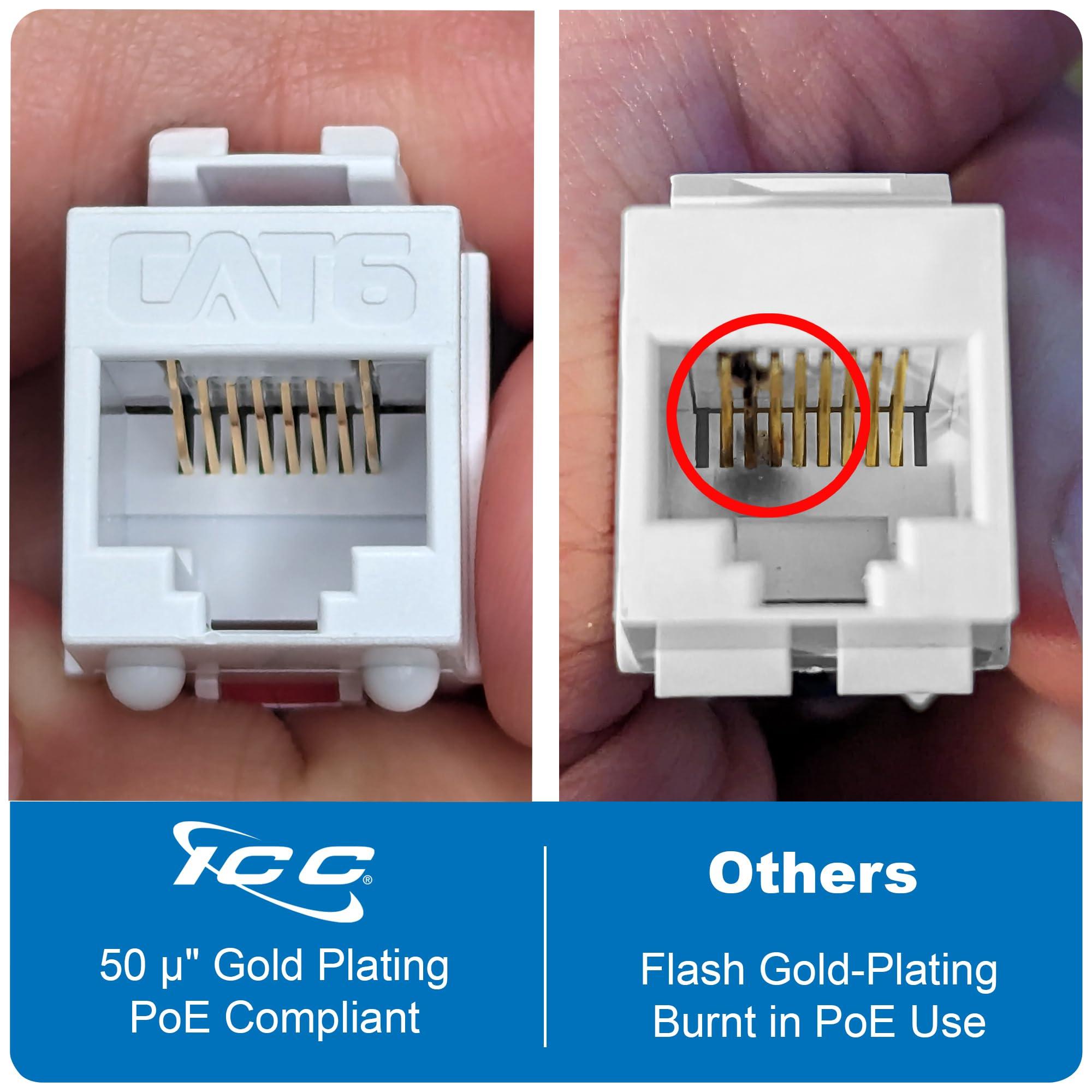 ICC ICC CAT6 Keystone Jack with Slim Profile 180 Degree Punch Down, RJ45 UL Listed PoE++ TAA Compliant for Wall Plate or Patch Panel, Works with JackEasy Termination Tool, Black 25 Pack