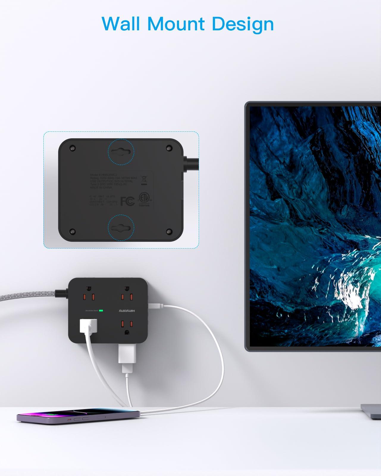 HANYCONY Power Strip Surge Protector, HANYCONY 8 Outlets with 4 USB Charging Ports(2 USB C), 3 Side Outlet Extender with 5 Ft Extension Cord, Flat Plug, Wall Mount, Desk Charging Station for Home Office ETL