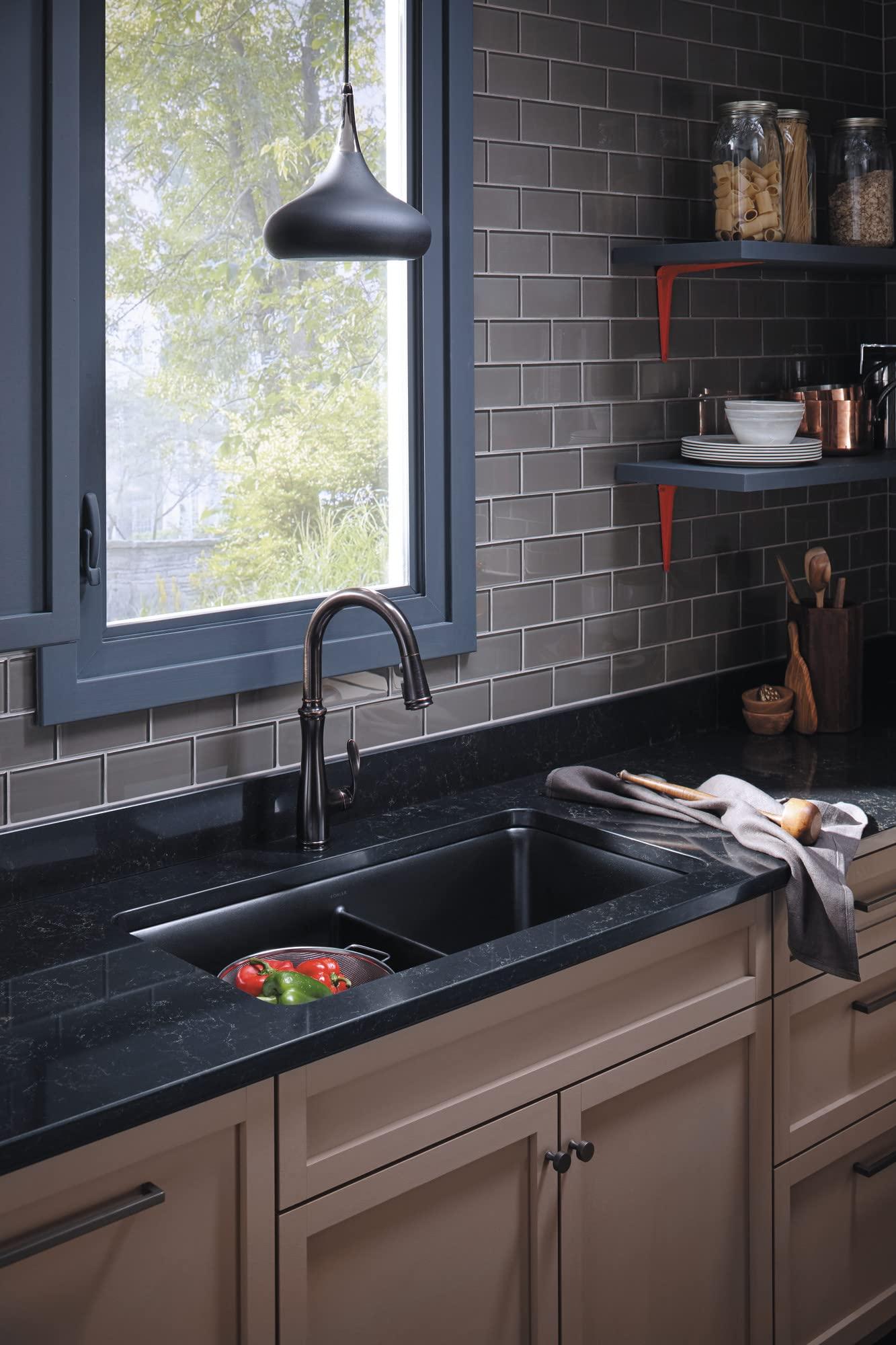 Kohler KOHLER K-8199-CM1 Cairn Sink, 33\" Neoroc Composite Undermount Double-Bowl Kitchen Sink, Composite Kitchen Sink with Sink Rack, Matte Black