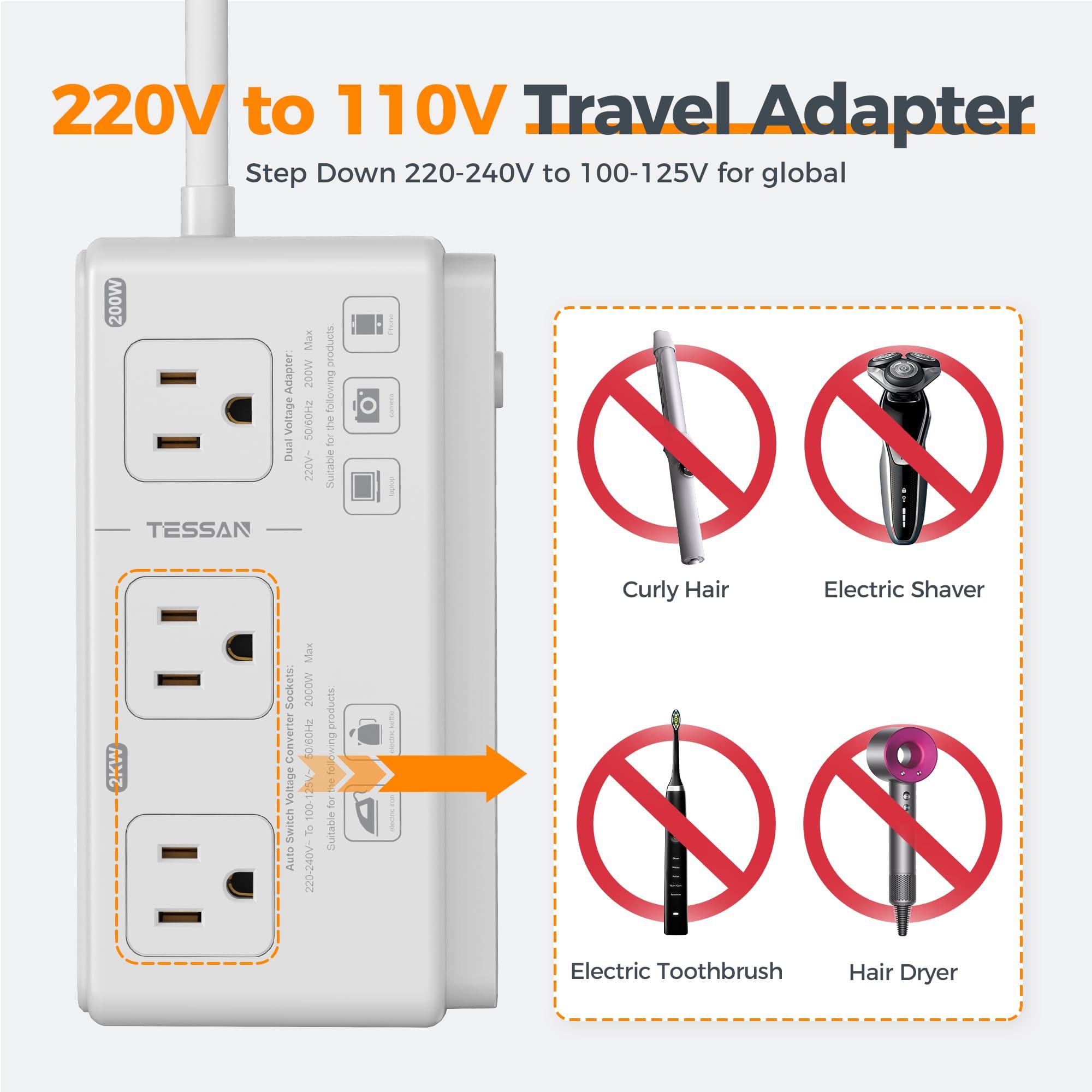 TESSAN 220V to 110V Voltage Converter, TESSAN Universal Travel Adapter with 4 USB Charger (1 USB C), 3 AC Sockets and EU/UK/AU/IT Plug Power Adaptor, Step Down Transformer Outlet Converters for International