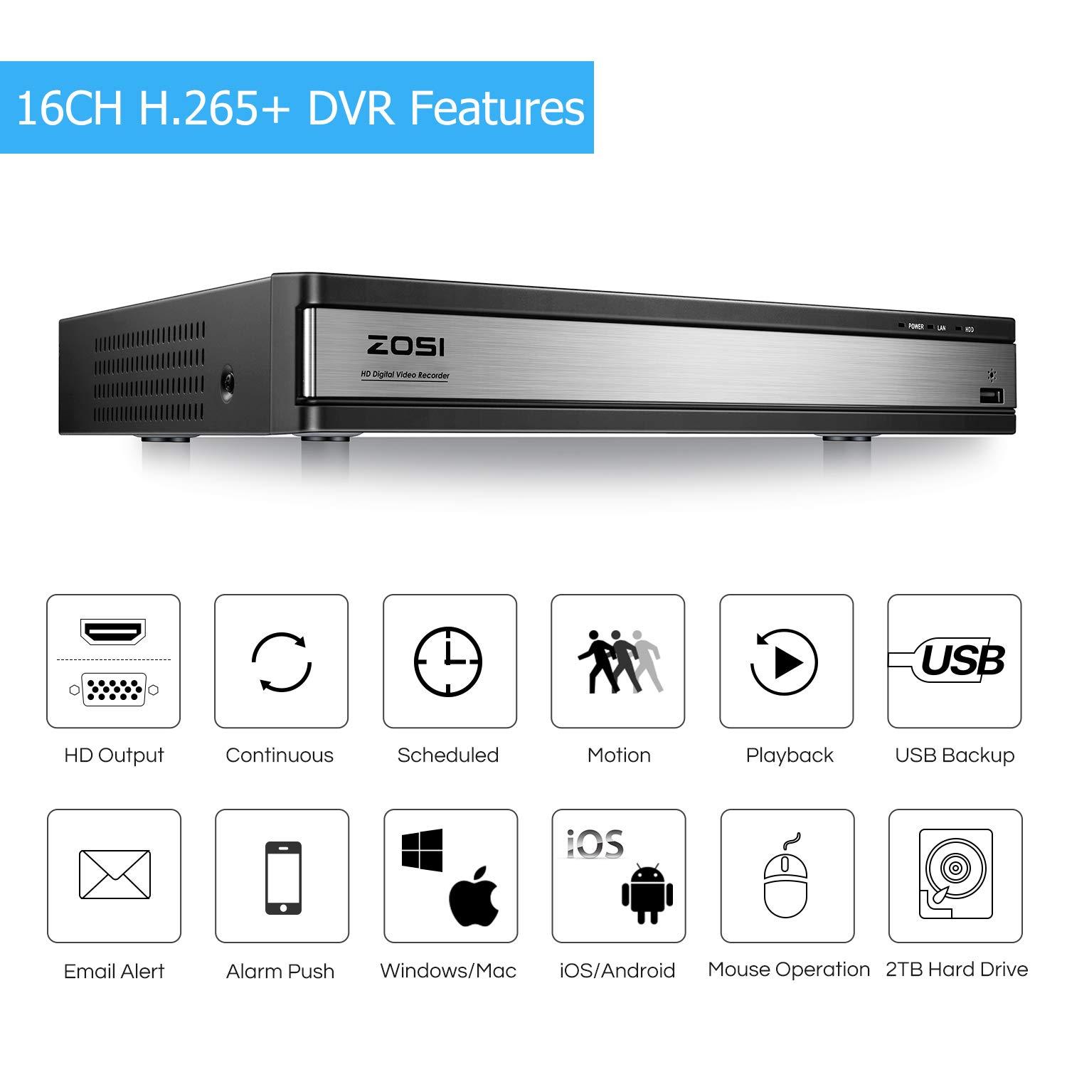 ZOSI ZOSI 16 Channel H.265+ Home Security DVR Recorder, 1080P Lite Hybrid 4-in-1(Analog/AHD/TVI/CVI) CCTV DVR for Security Camera, Motion Detection, Mobile Remote Control, Alert Push (2TB HDD Included)