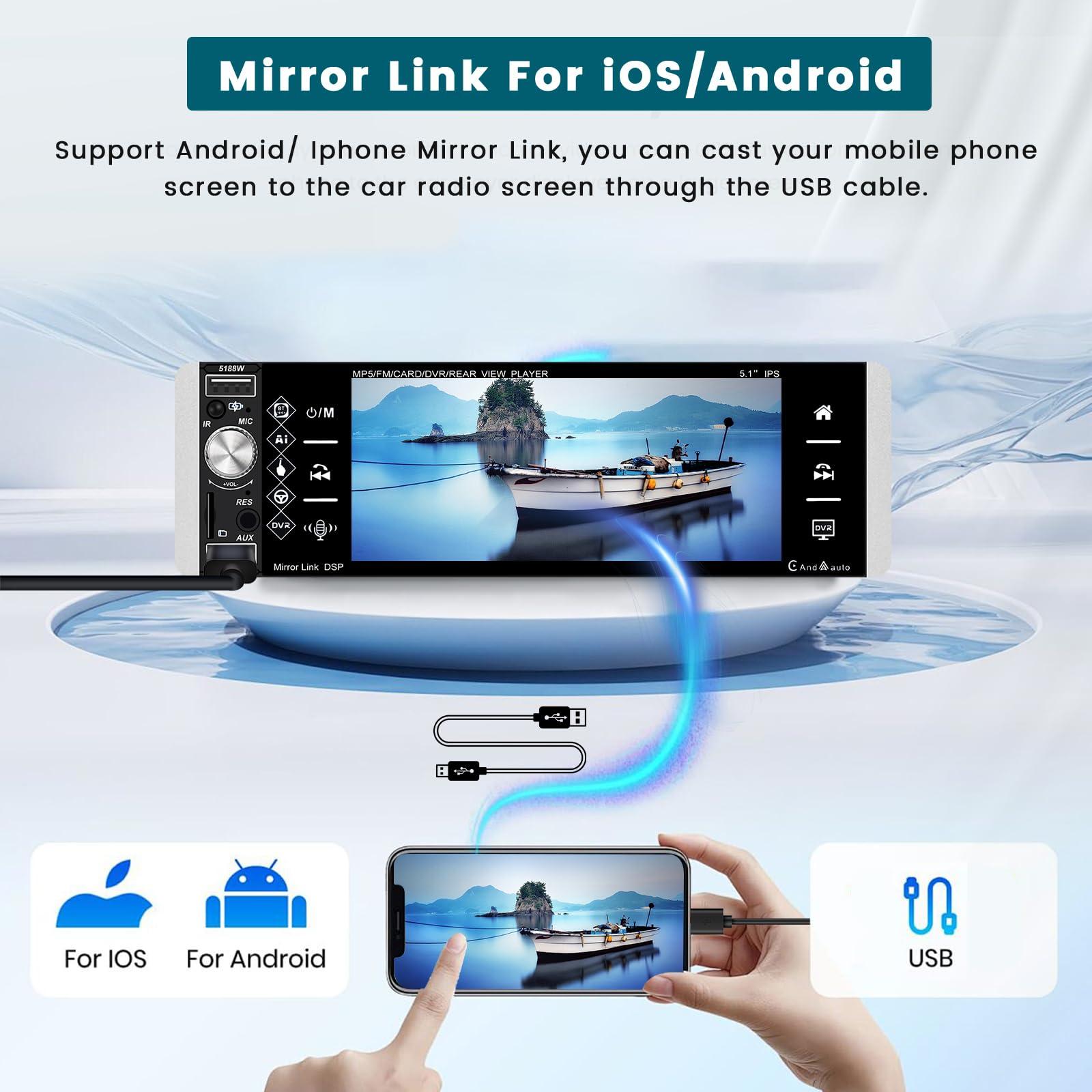 Hikity Hikity 5.1 Inch Car Stereo with Wireless Apple Carplay Android Auto, Single Din Touch Screen Car Radio with Bluetooth, Mirror Link AM FM EQ SWC, Car Audio Receiver with USB/TF/AUX-in, Mic, Backup Cam