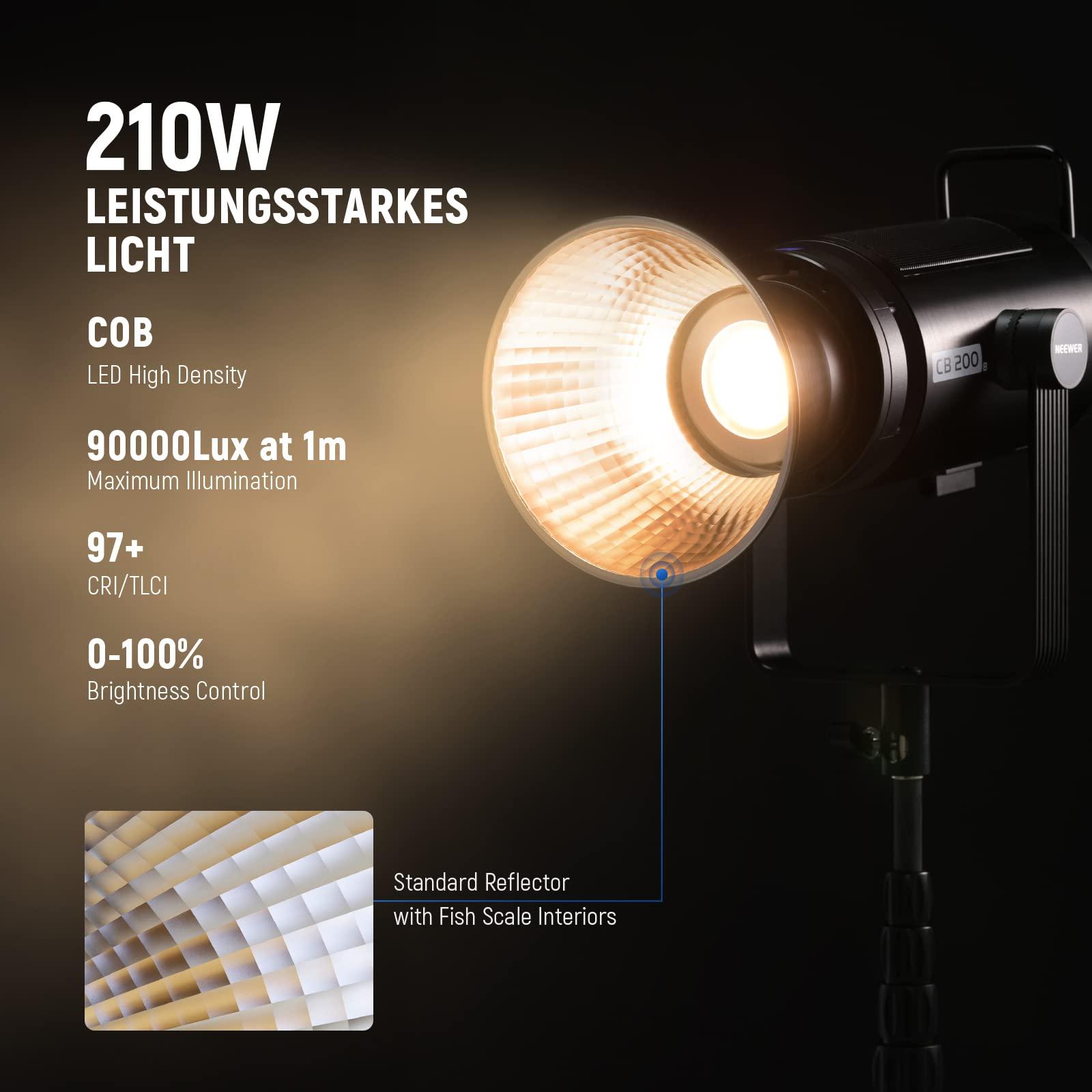 NEEWER NEEWER CB200B 210W LED Video Light with 2.4G/APP Remote Control, All Metal Bi Color COB Continuous Output Lighting with 90000Lux/1m 2700K-6500K for Video Recording, 6x9 ft Green Background Included
