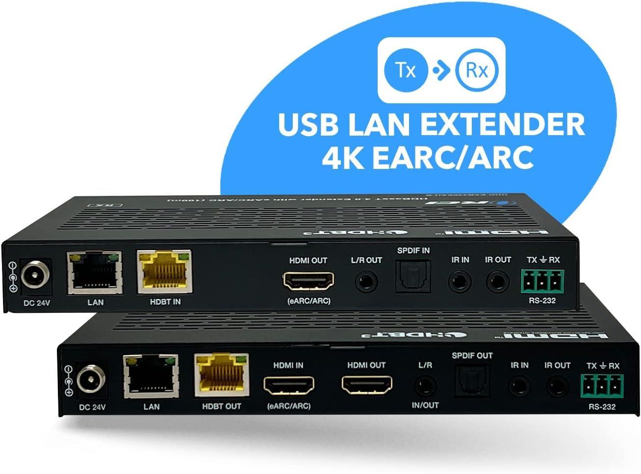 OREI OREI 4K eARC HDMI Extender Balun HDBaseT 3.0 UltraHD 4K @ 60Hz 4:4:4 Over Single CAT5e/6/7 Cable with HDR, LAN, ARC & IR Support, RS-232 Up to 330 Ft Audio Out - Power Over Cable - LAN Out