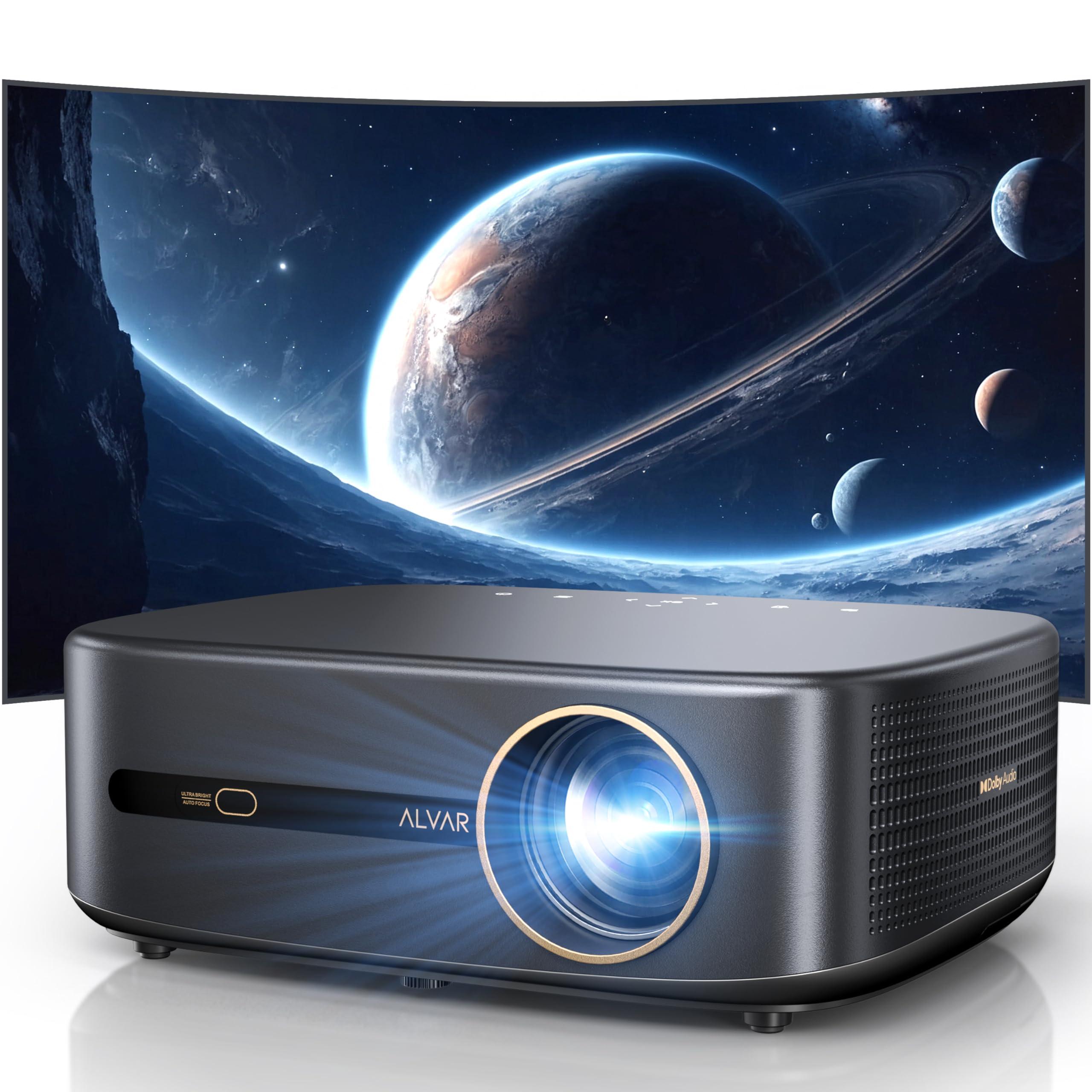 Alvar [1200 ANSI & Audio by DBX-TV] Alvar 4K Projector with WiFi 6 and Bluetooth, 30W Speakers, Netflix Licensed & DoIby Audio Outdoor Proyector, Auto Focus Native 1080P Smart Projector with HDR10+, Black