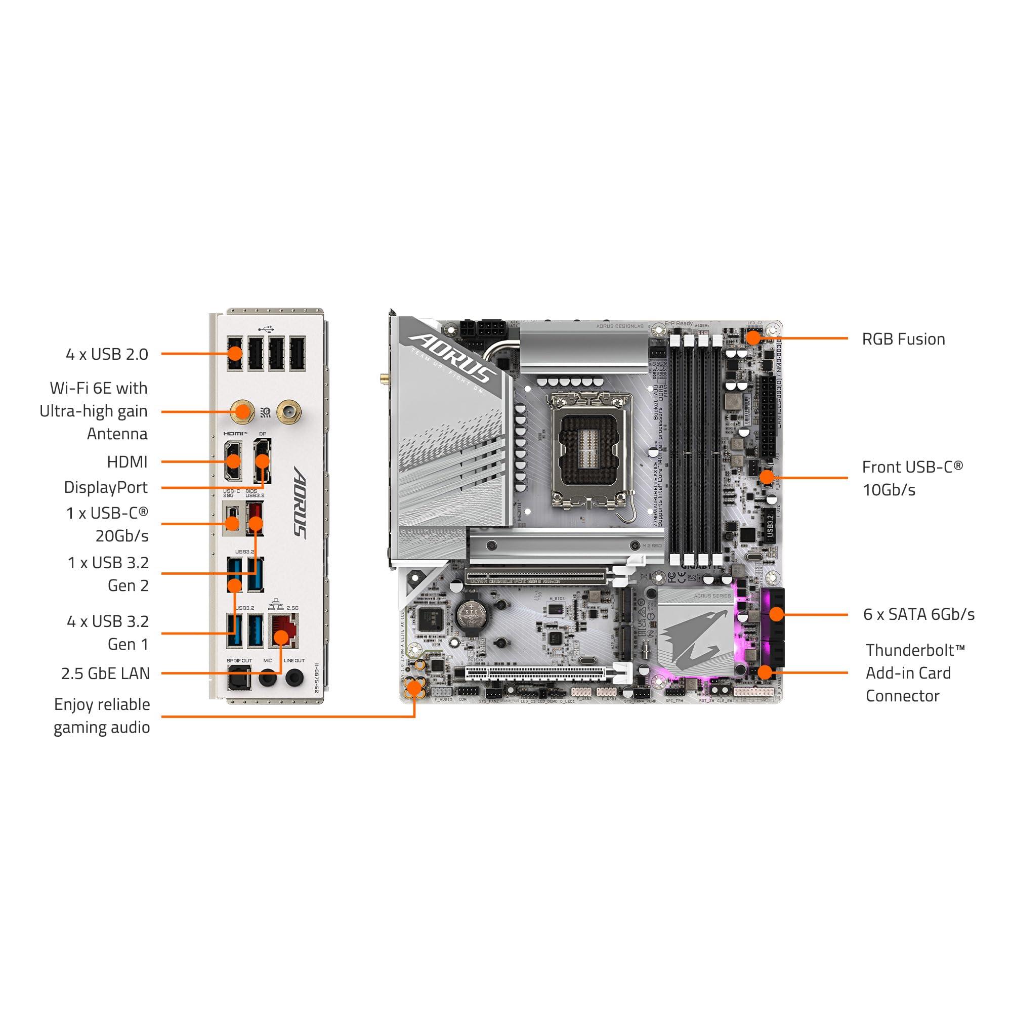 GIGABYTE GIGABYTE Z790M AORUS Elite AX ICE LGA 1700 Intel Z790 M-ATX Motherboard with DDR5, Triple M.2, PCIe 5.0, USB 3.2 Gen2X2 Type-C, Intel Wi-Fi 6E, 2.5GbE LAN, Q-Flash Plus, EZ-Latch Plus