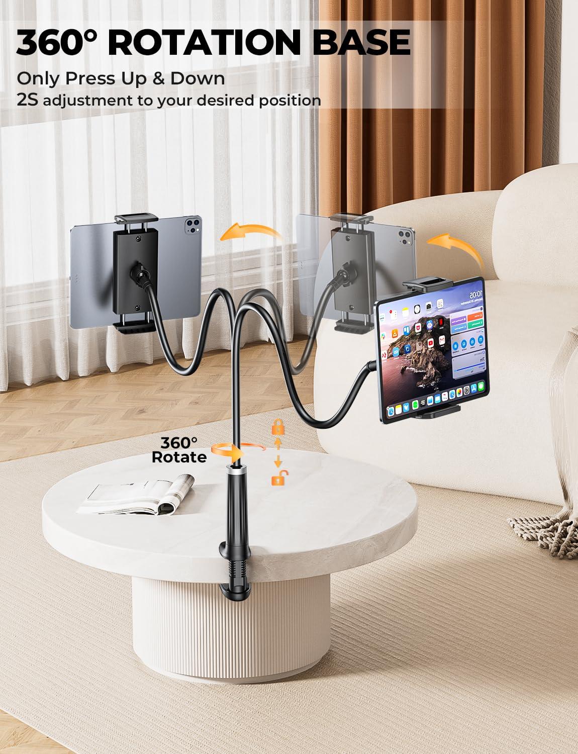 Tryone Gooseneck Phone Holder Tablet Stand for Bed:[Swivel Base] Adjustable Flexible Lazy Arm with 2 Clips Phone Tablet Holder Mount Compatible iPad Pro Air Mini | Kindle | Switch or Other 4-12.9" Device