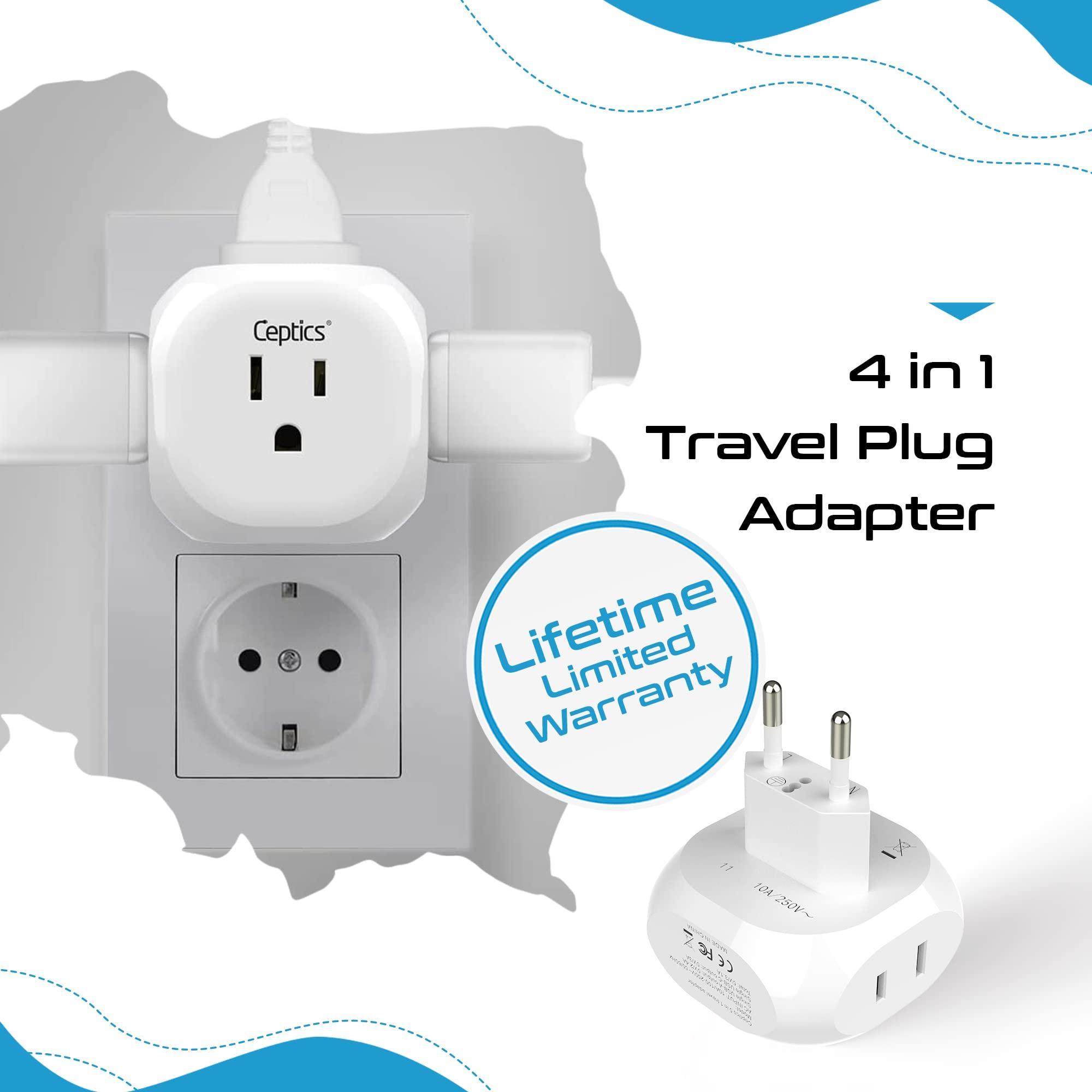 Ceptics Ceptics European Travel Plug Adapter Europe Power Adaptor Charger 4 Input - Ultra Compact - Light Weight - USA to Any Type C Countries Such as Italy, Iceland, Austria and More - 2 Pack (PT-9C)