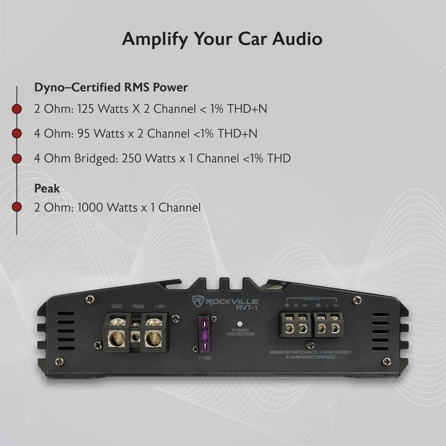 Rockville Rockville RVT-1 2-Channel Car Amplifier, 1000W Peak/250W RMS, Class-AB, MOSFET Power Supply, Bass EQ, Crossover, Perfect for Subwoofers and Car Audio